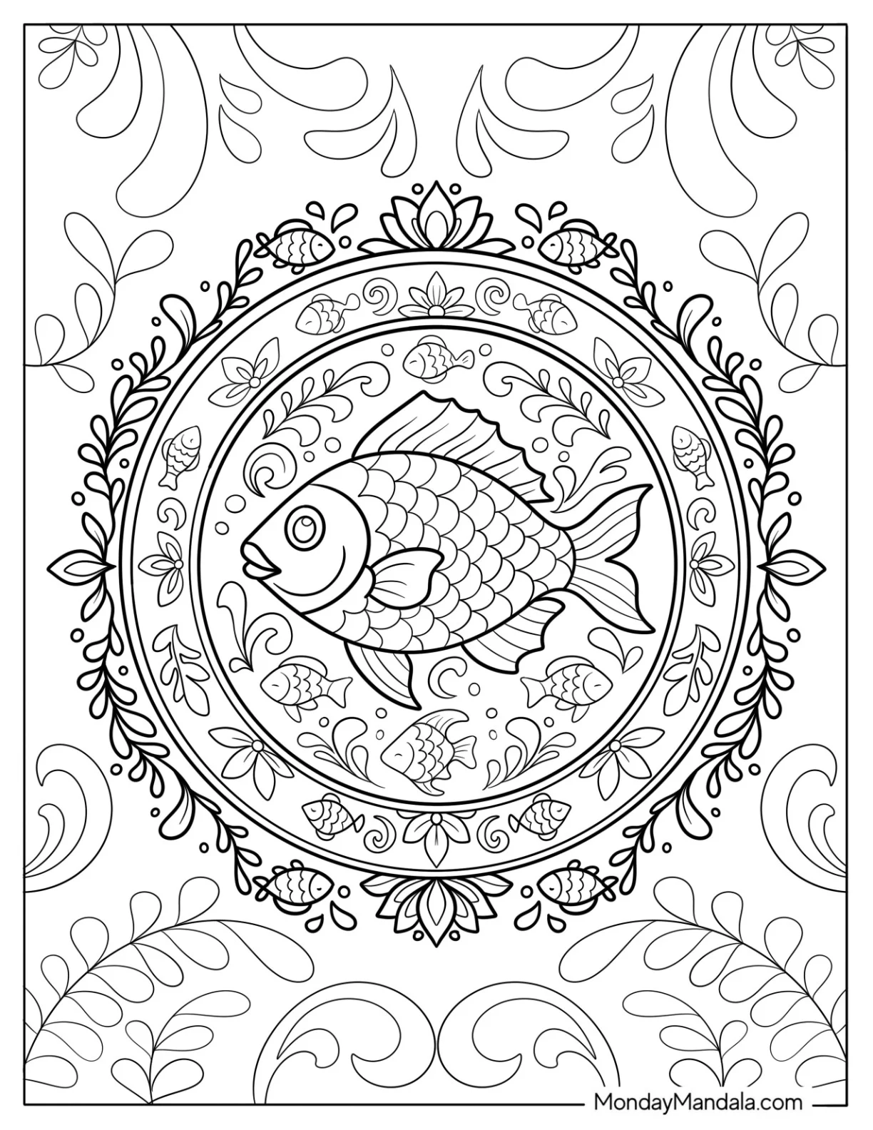 Fish Coloring Page of Elegant Goldfish Mandala With Leafy Patterns coloring page