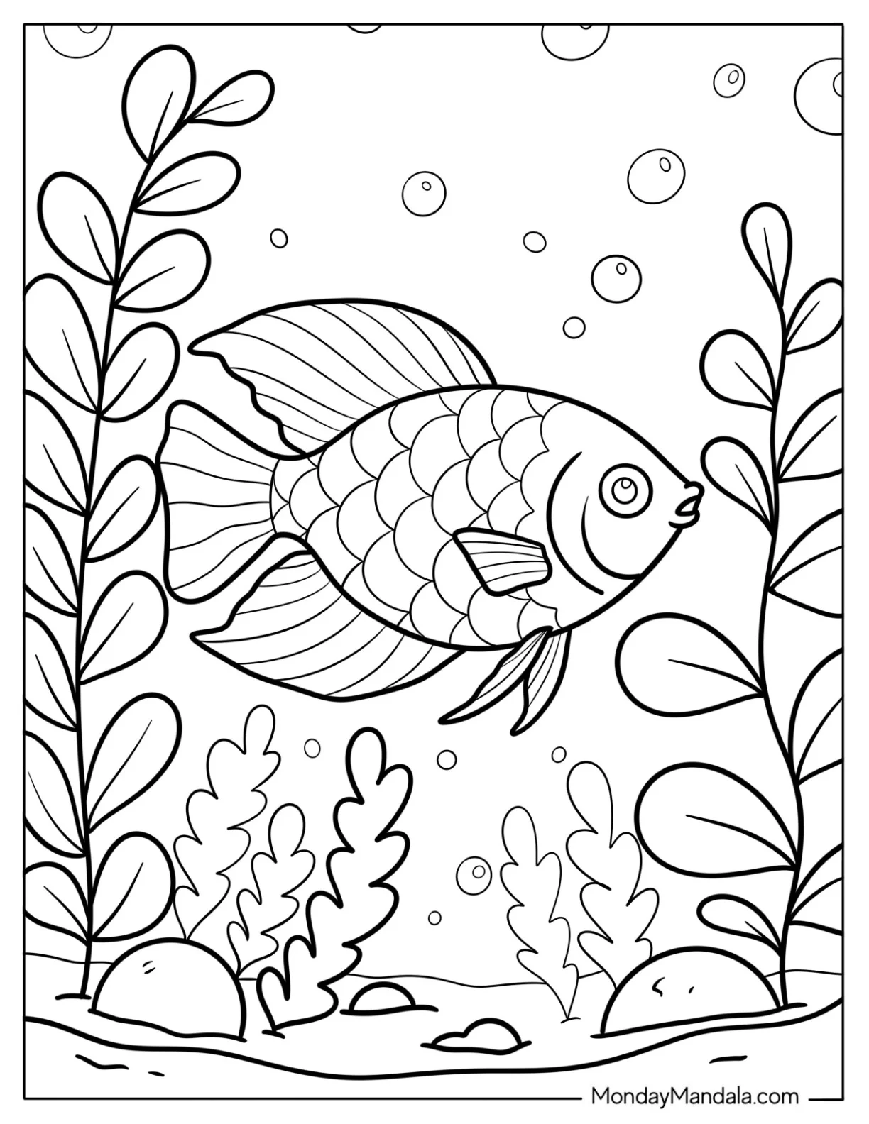 Fish Coloring Page of Fantail Goldfish Swimming in Planted Aquarium for Kids coloring page