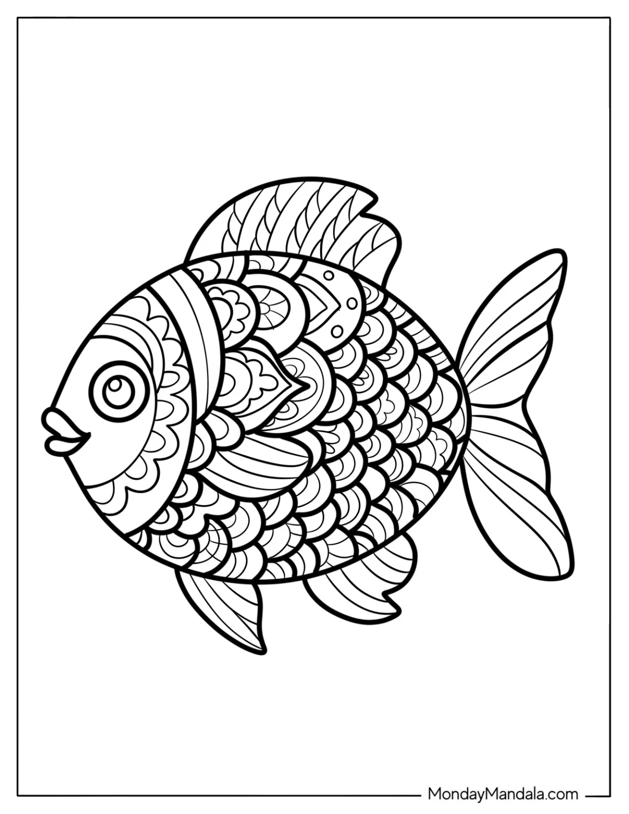 Fish Coloring Page of Fantail Goldfish with Ornamental Mandala Scales coloring page — printable line art