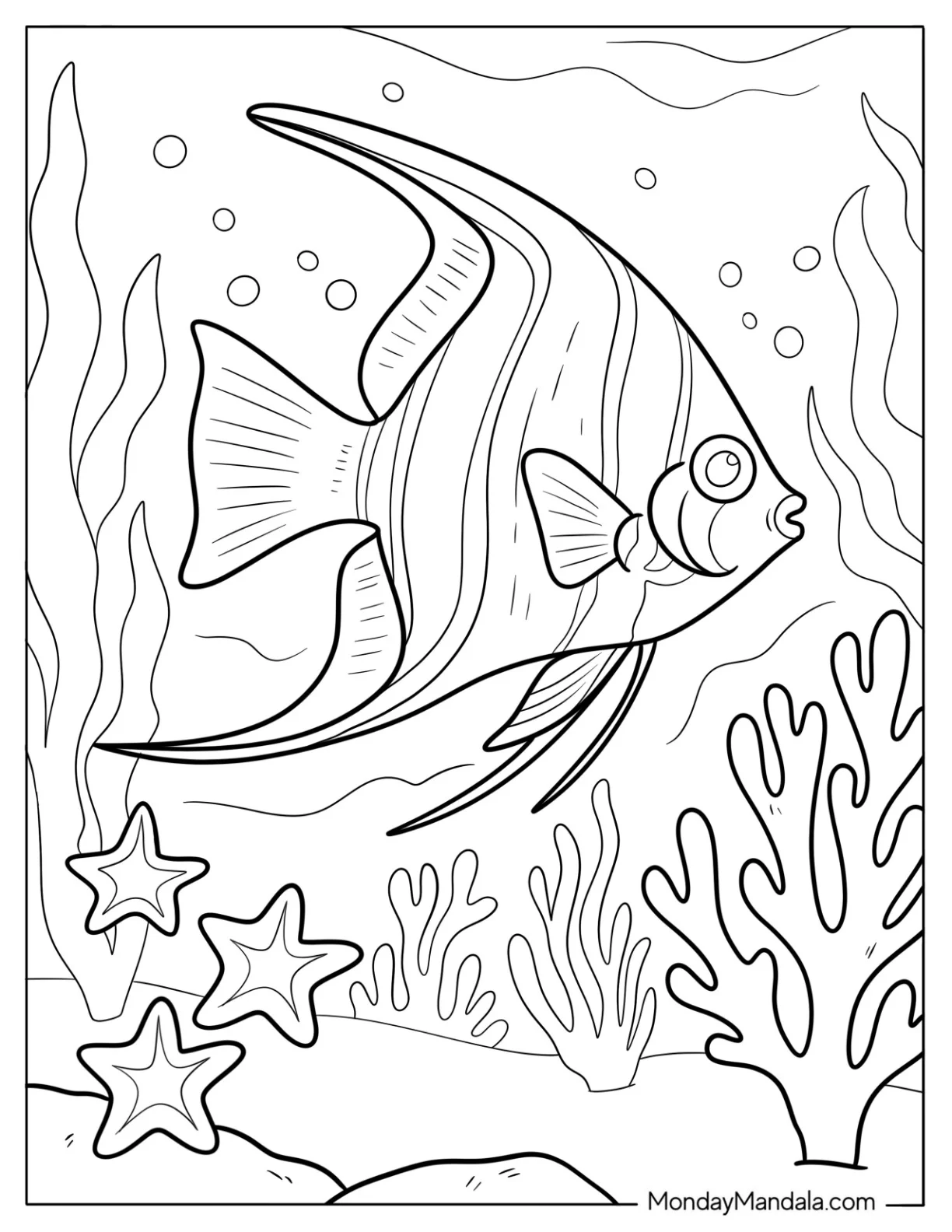 Fish Coloring Page of Freshwater Angelfish Swimming Gracefully in Coral Reef coloring page