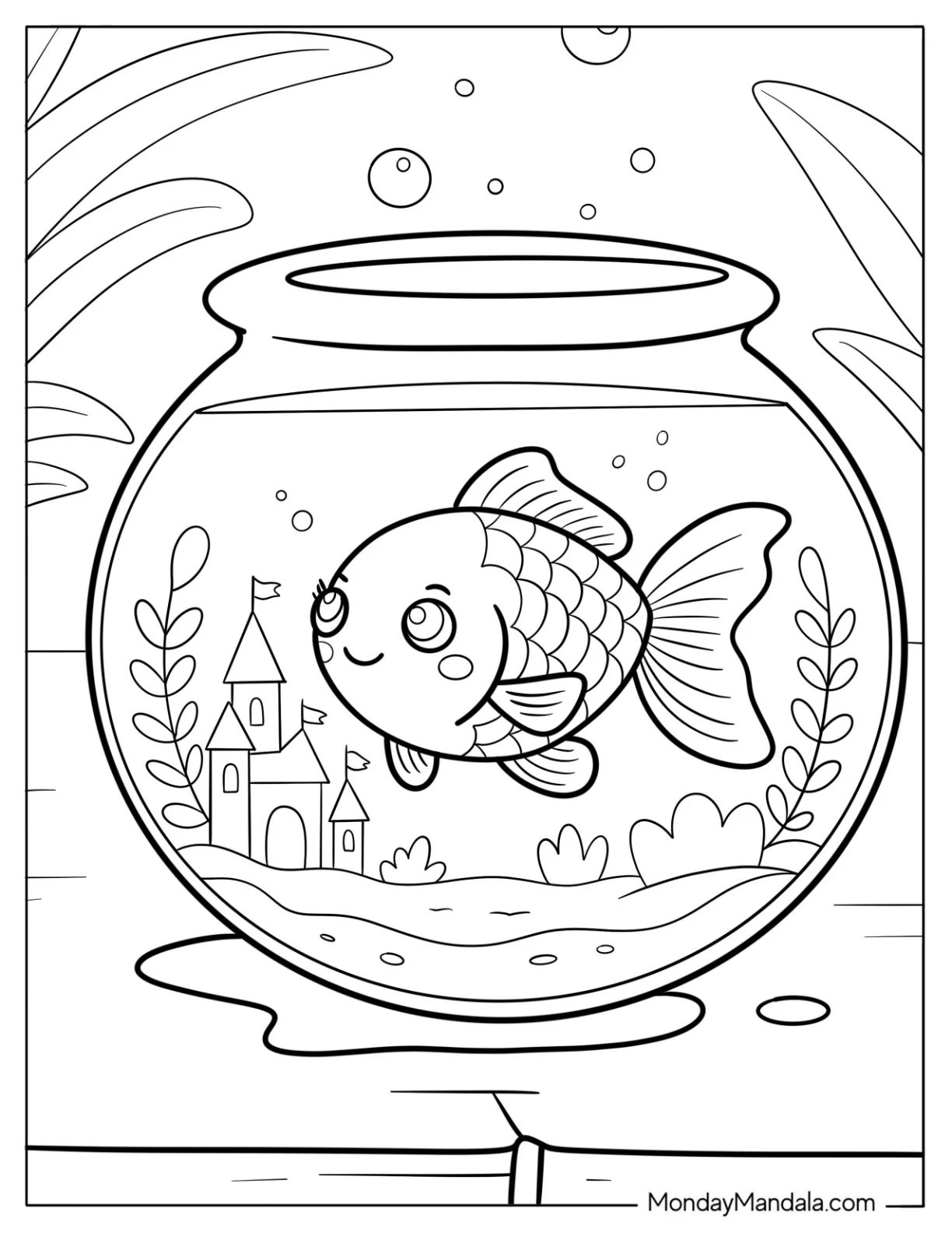 Fish Coloring Page of Goldfish in Fishbowl with Castle and Bubbles coloring page — printable line art