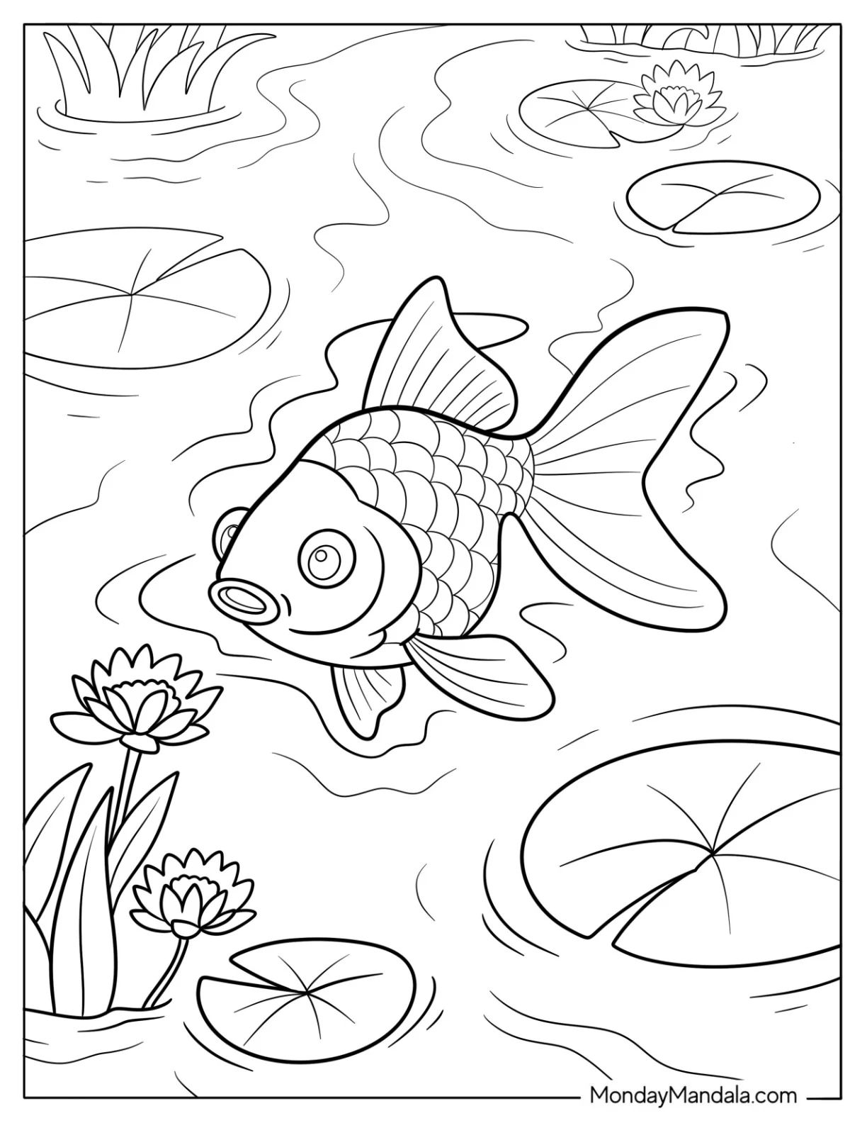 Fish Coloring Page of Goldfish Swimming Among Lily Pads coloring page — printable line art
