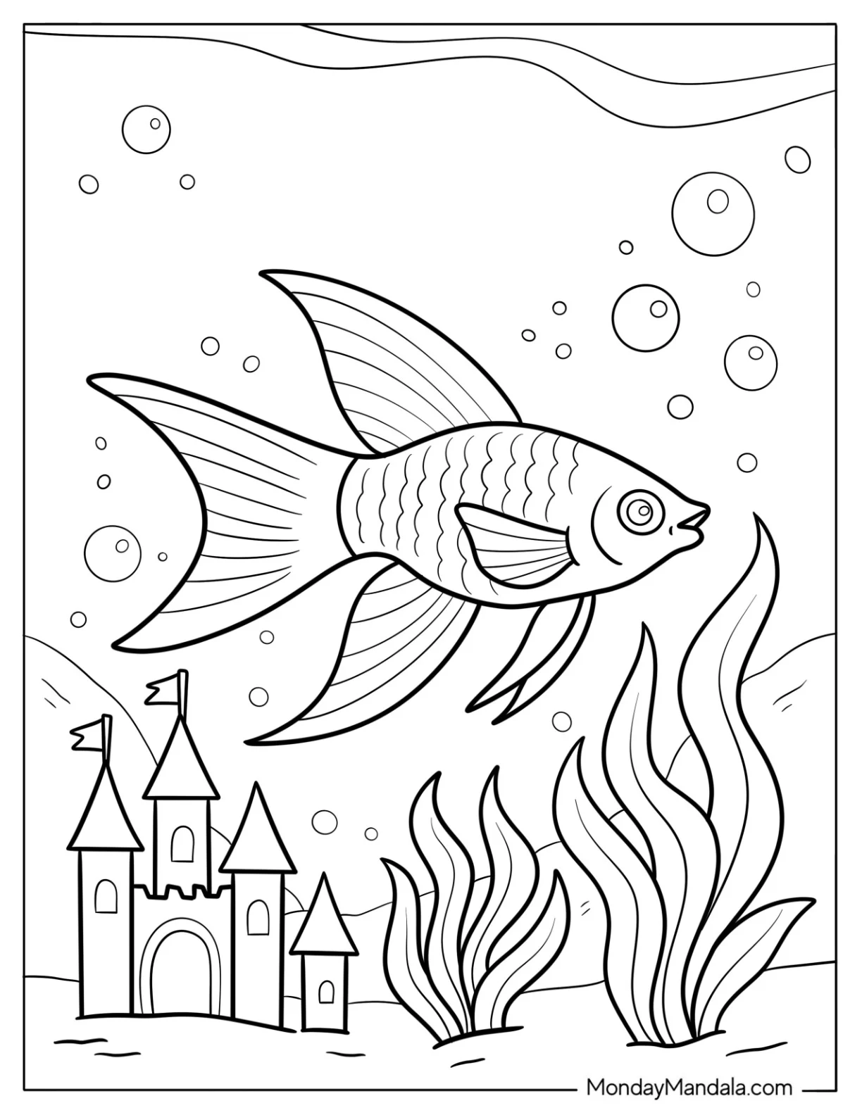 Fish Coloring Page of Graceful Angelfish Swimming Near Castle Aquarium Decor coloring page