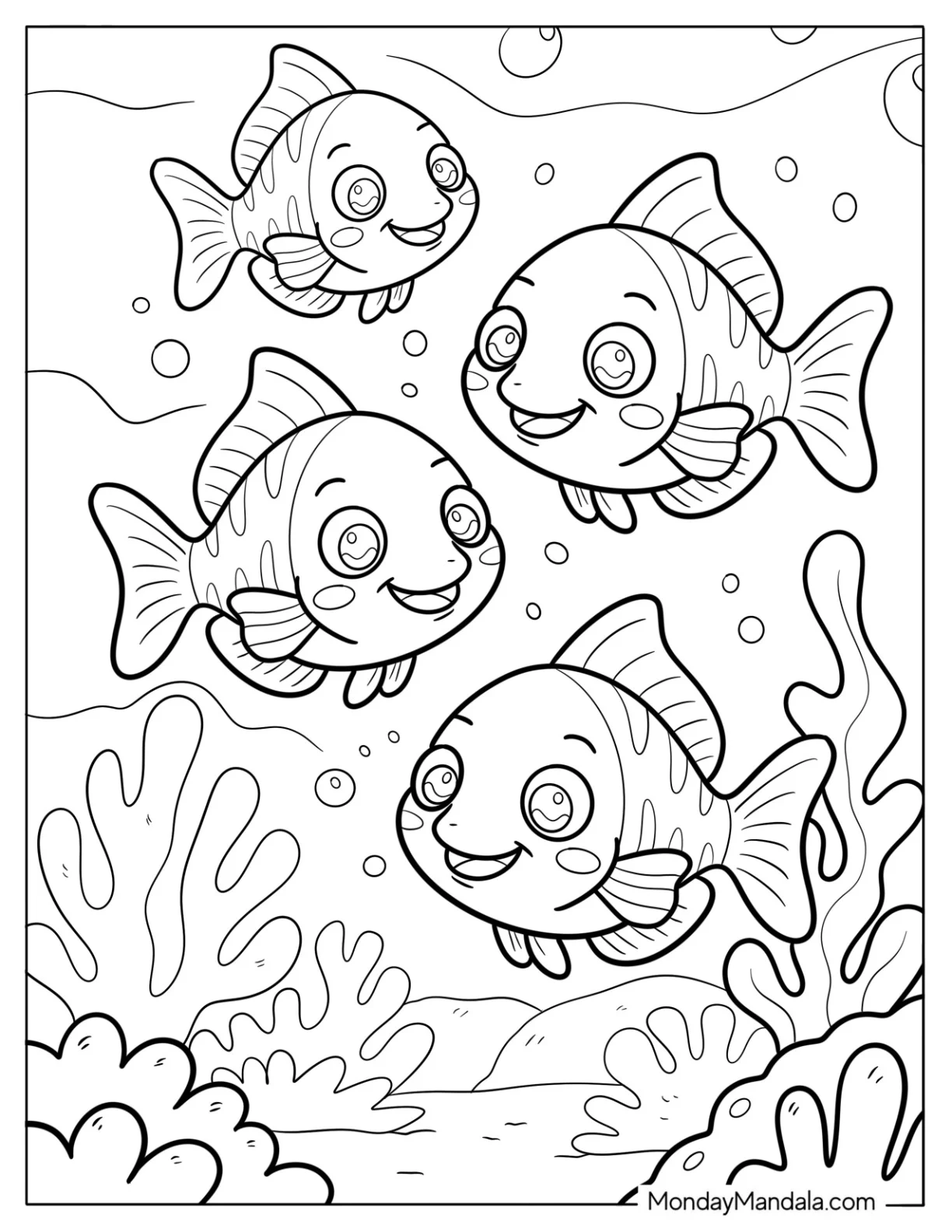 Fish Coloring Page of Happy Cartoon Fish Swimming in the Ocean for Kids coloring page — printable line art