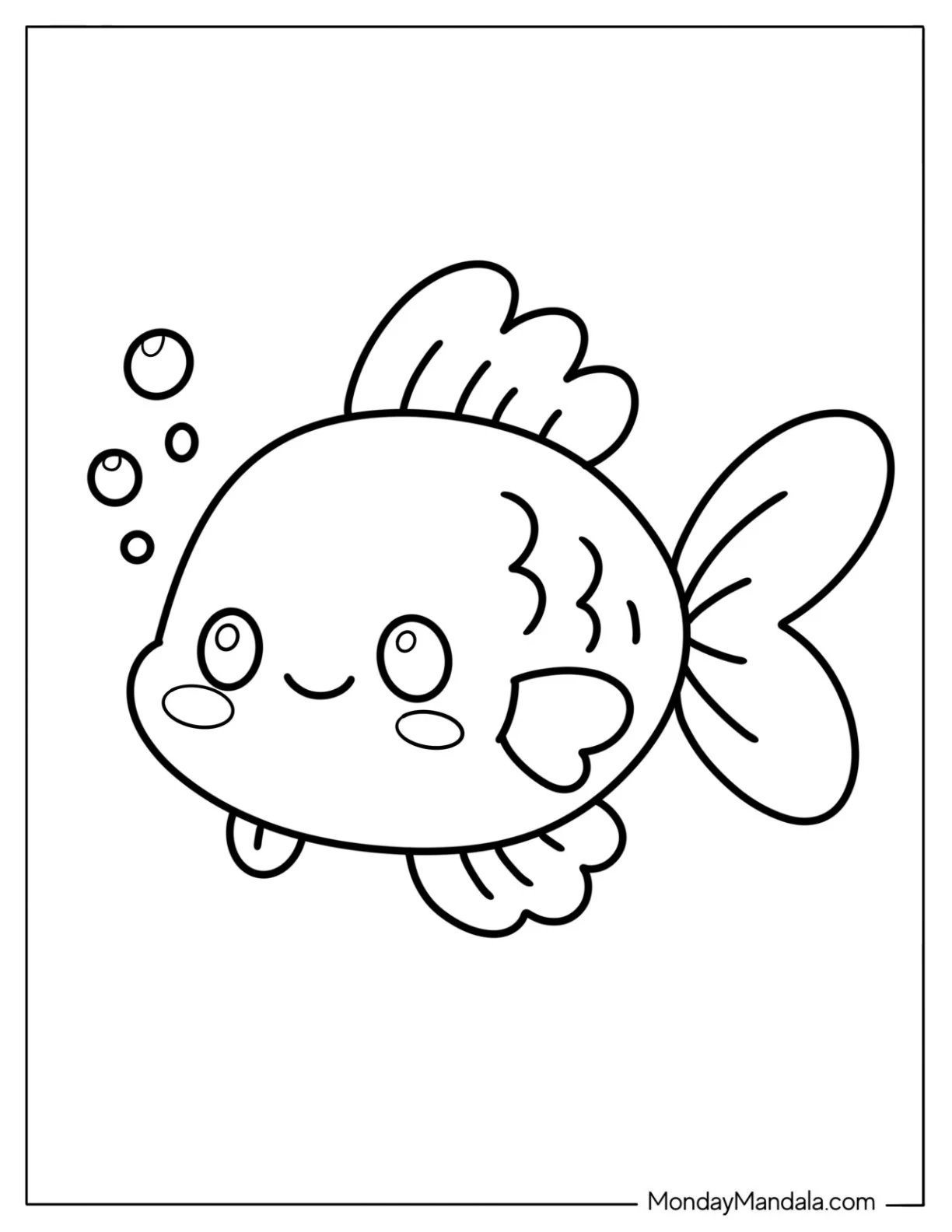 Fish Coloring Page of Kawaii Baby Goldfish with Bubbles for Preschoolers coloring page — printable line art