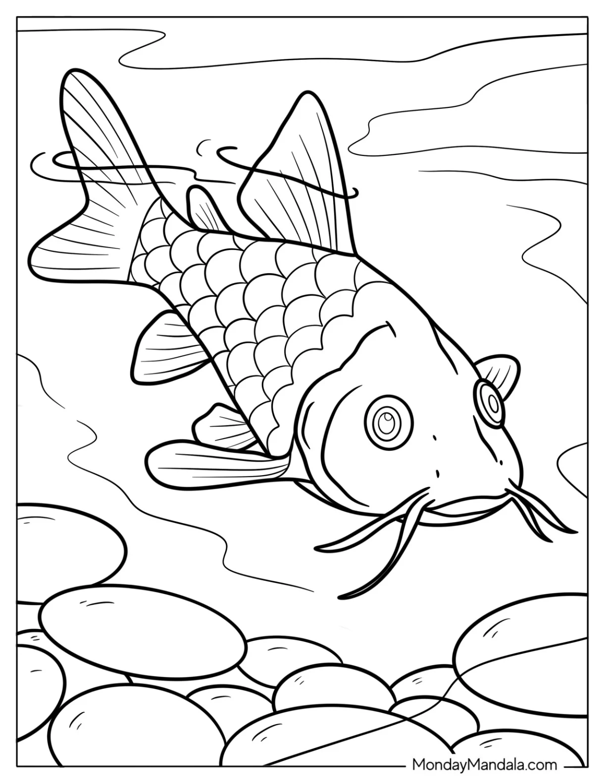 Fish Coloring Page of Koi Swimming Over River Stones in Pond coloring page — printable line art