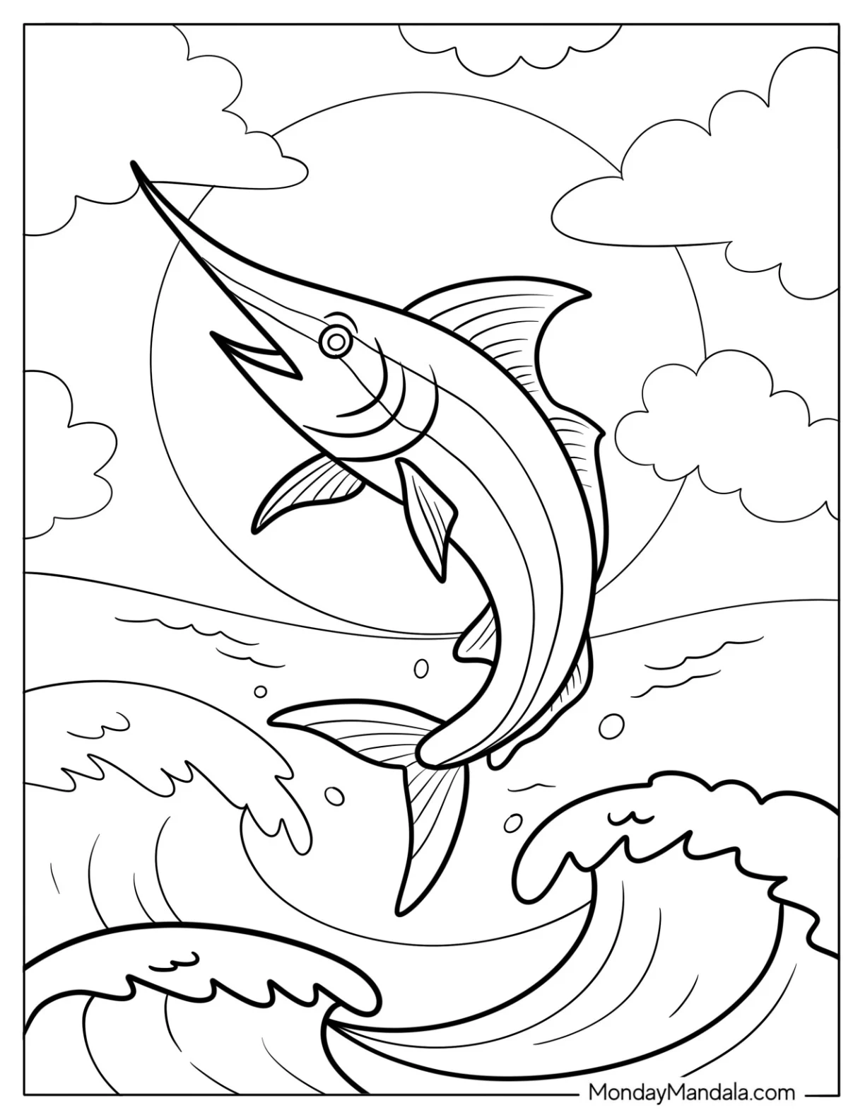 Fish Coloring Page of Leaping Marlin in Rough Sea with Big Waves coloring page