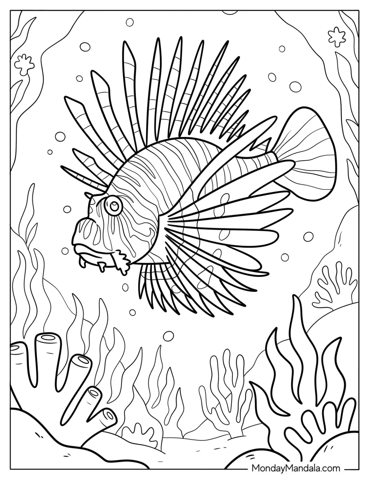 Fish Coloring Page of Majestic Lionfish Swimming Through Coral Reef coloring page