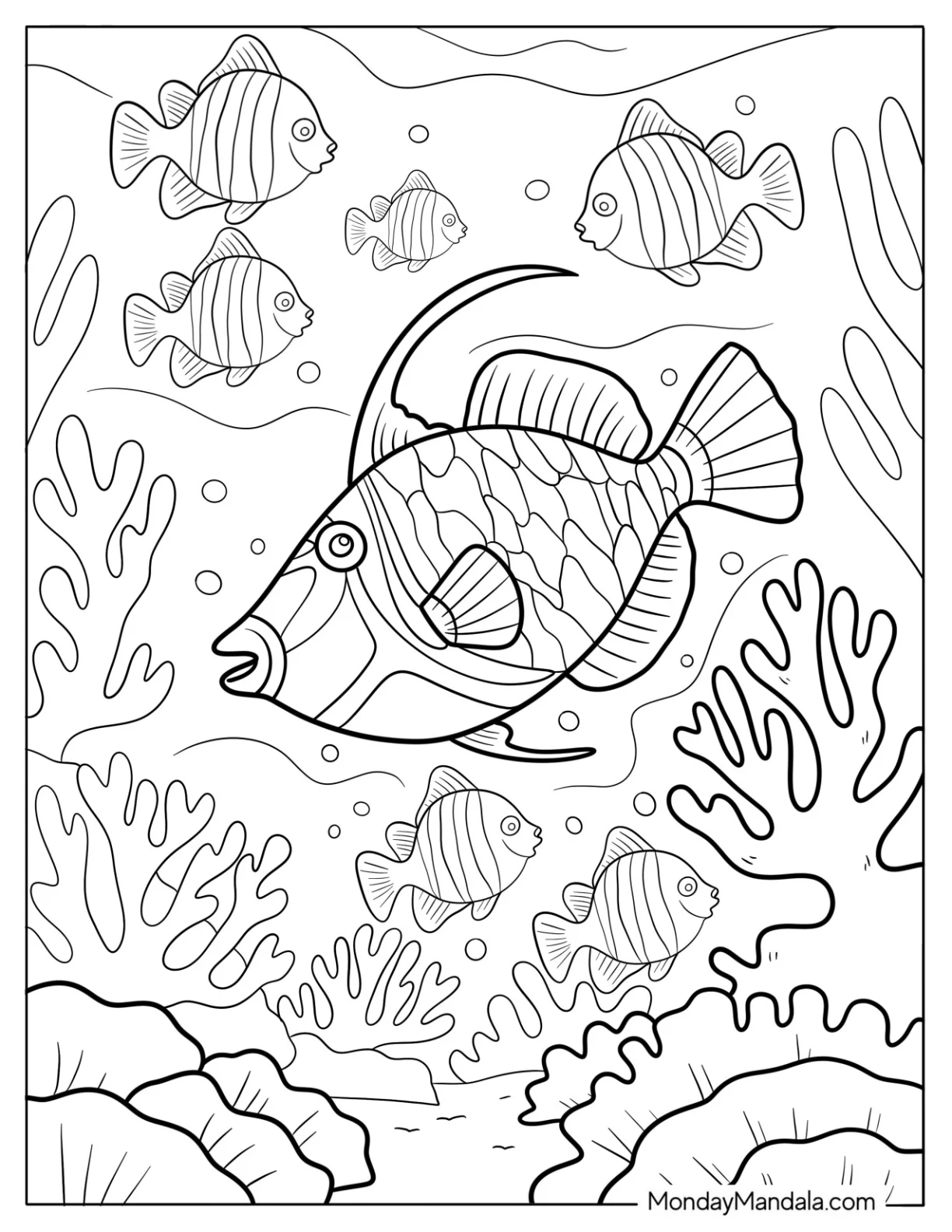 Fish Coloring Page of Picasso Triggerfish and Sergeant Majors in Coral Reef coloring page