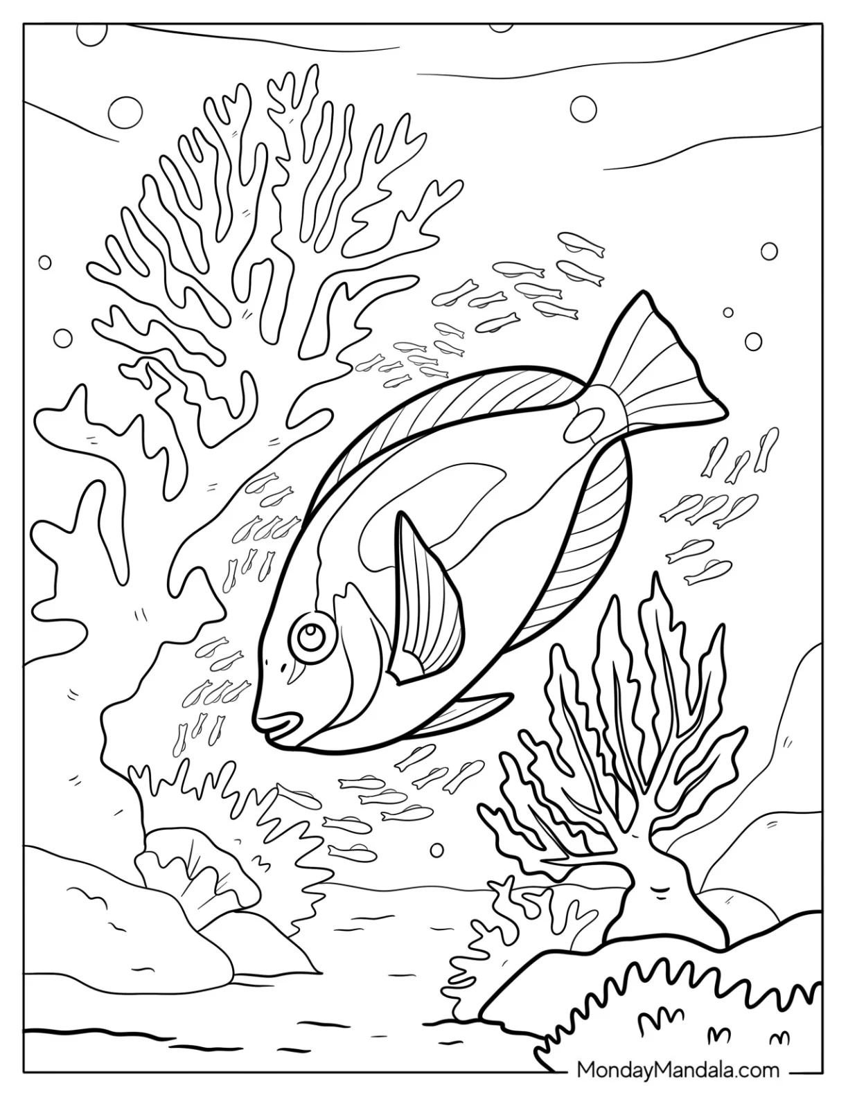 Fish Coloring Page of Realistic Tang Fish Swimming Through Coral Reef coloring page