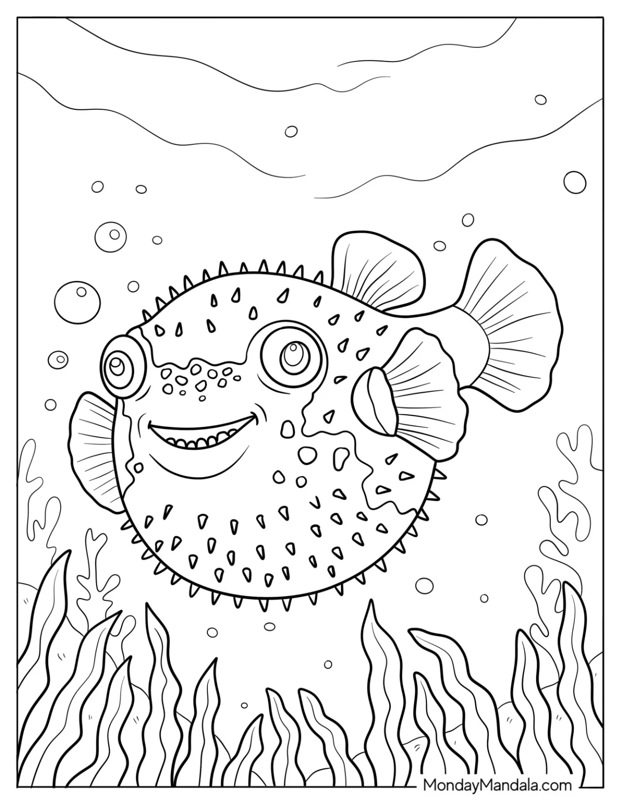 Fish Coloring Page of Smiling Pufferfish Swimming Above Seaweed coloring page — printable line art