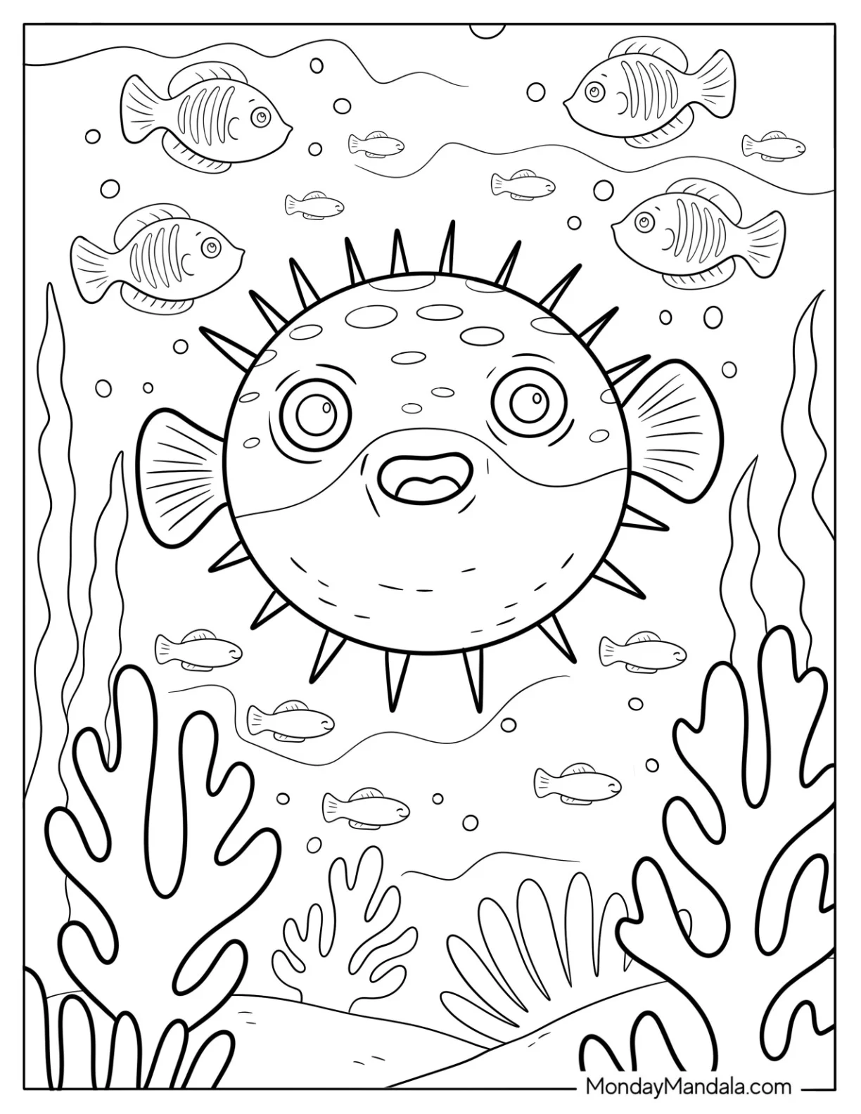 Fish Coloring Page of Spiky Pufferfish Floating Among Reef Fish and Plants for Kids coloring page