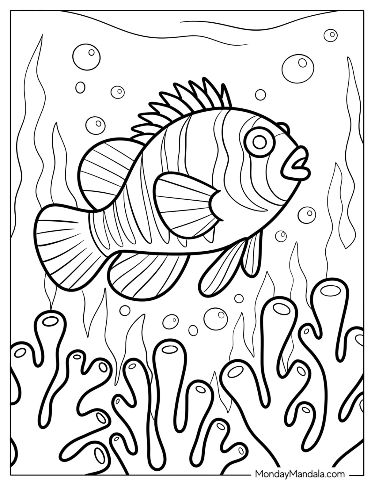Fish Coloring Page of Striped Rockfish with Spiny Dorsal Fin in Ocean Scene coloring page