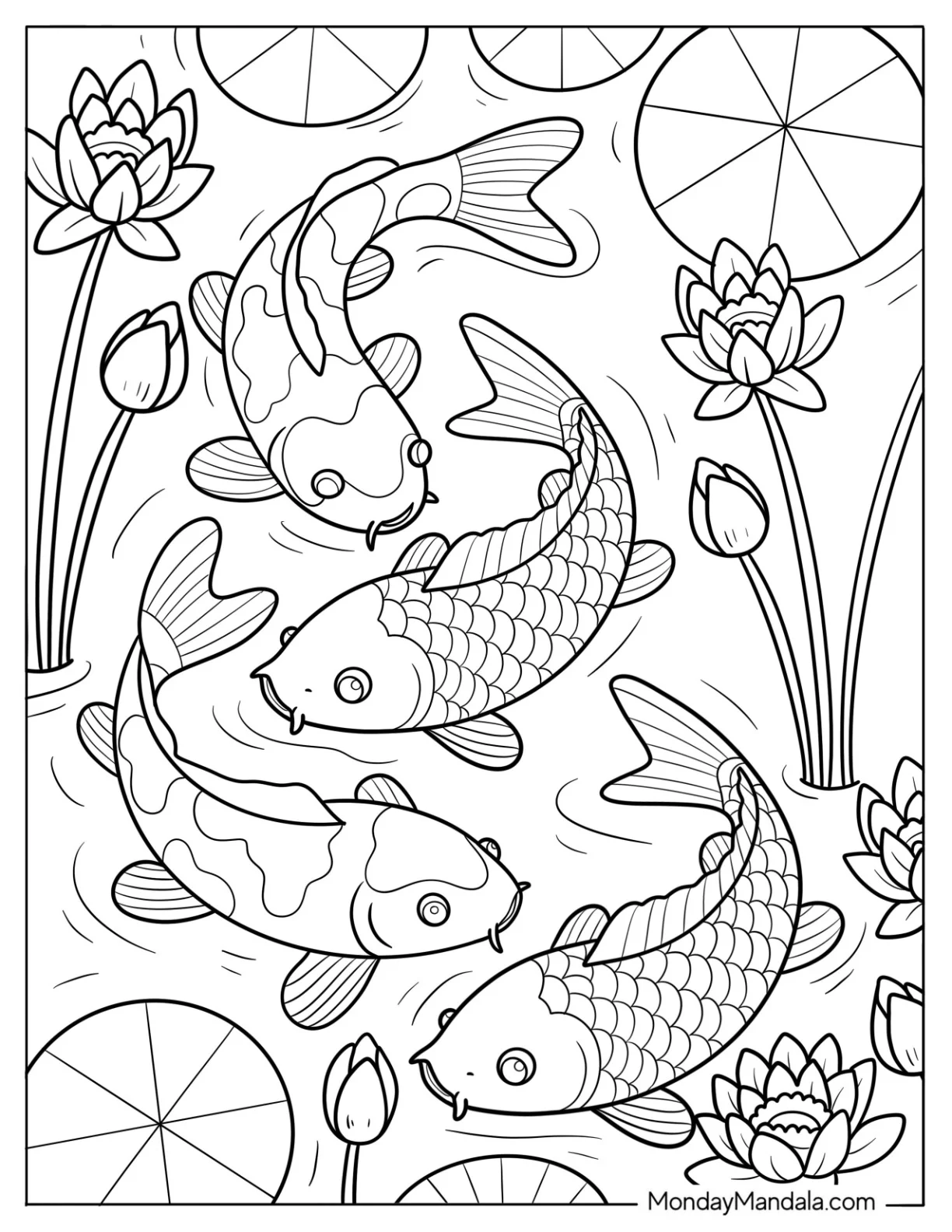 Fish Coloring Page of Three Koi Fish Swimming Around Lotus Flowers coloring page — printable line art