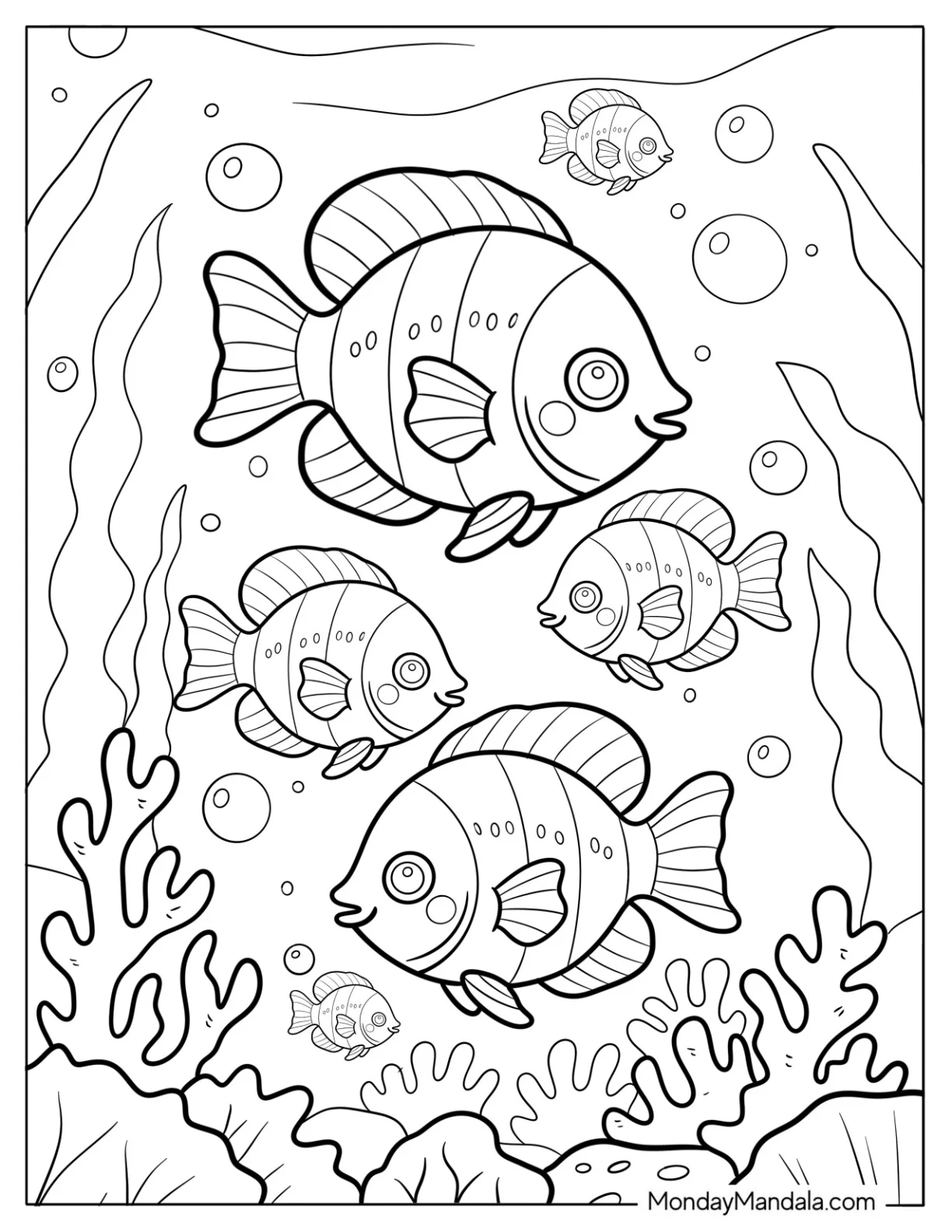 Fish Coloring Page of Tropical Fish Family Swimming in Sea Bubbles coloring page