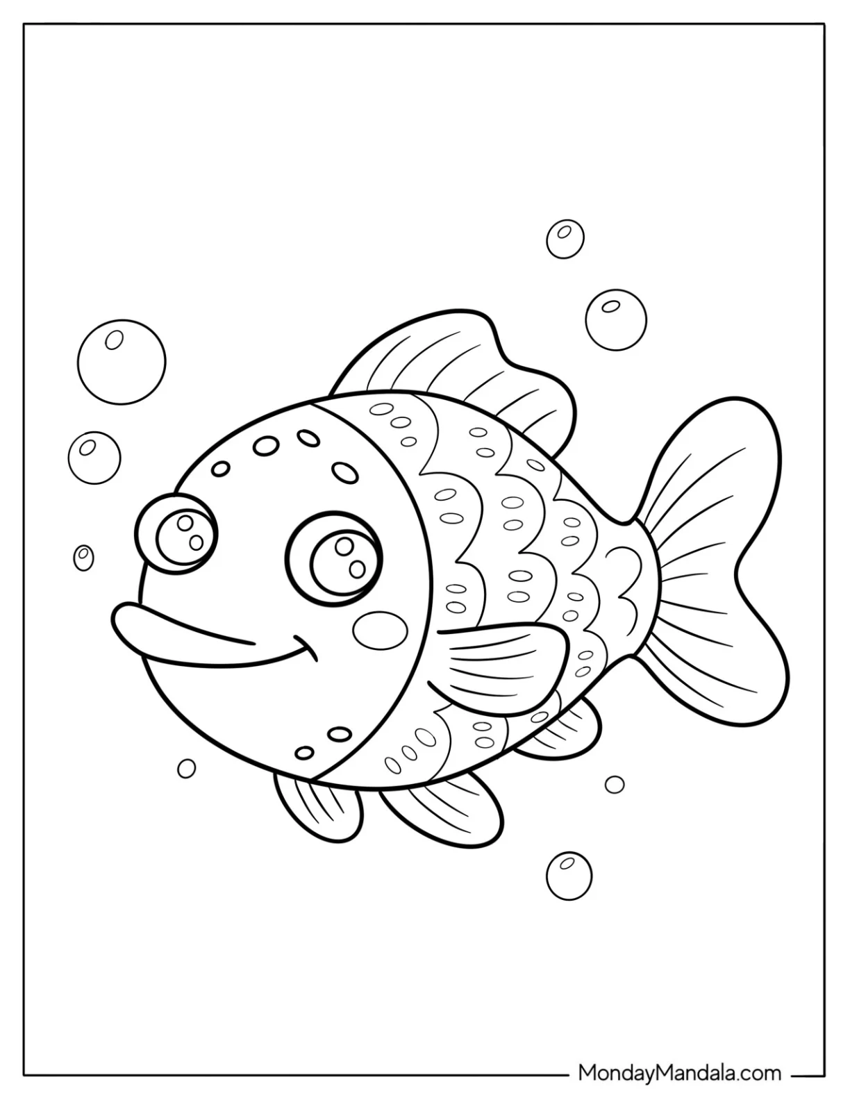 Friendly Cartoon Fish Coloring Page Surrounded by Bubbles for Kids coloring page