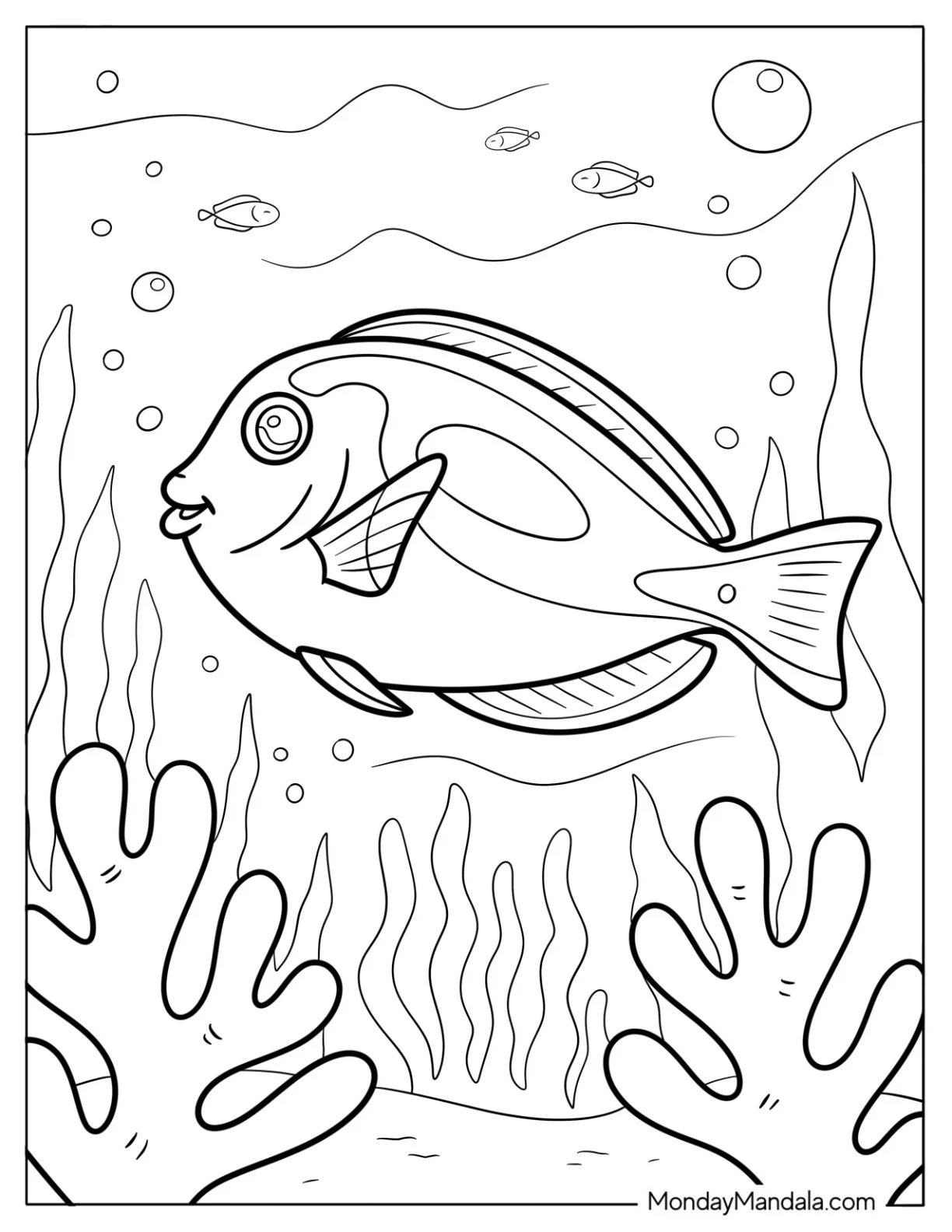 Large Reef Fish Surrounded by Sea Plants and Tiny Fish Coloring Page coloring page