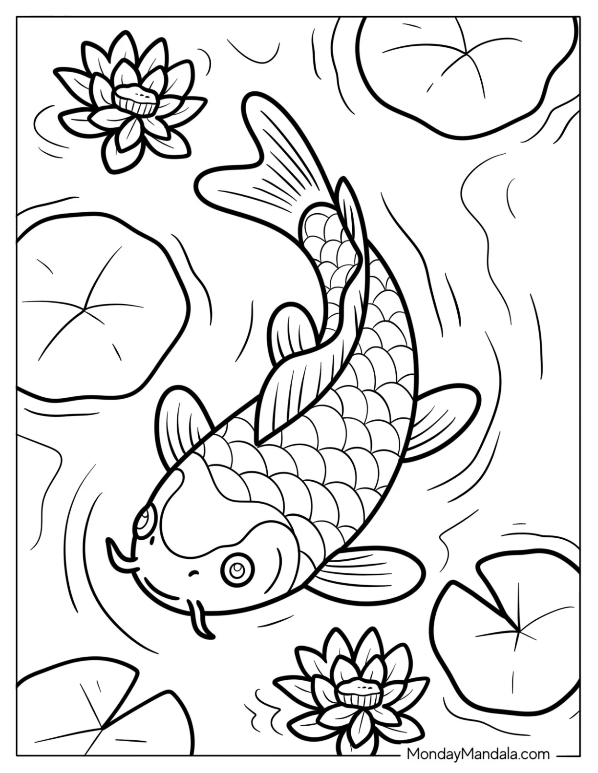 Top View of Koi Fish Coloring Page Swimming Around Lily Pads and Lotus Flowers coloring page — printable line art