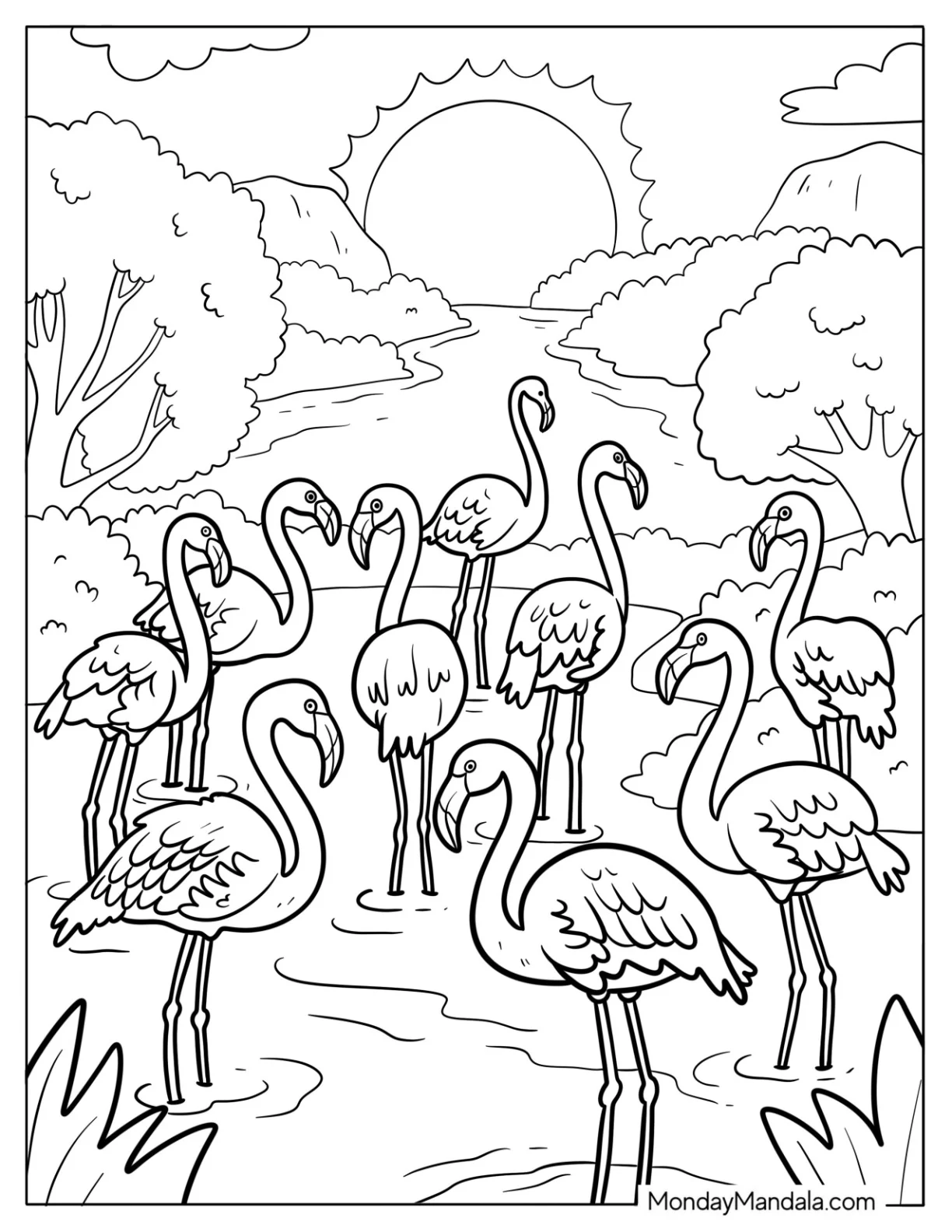 A Flock of Flamingos by the River coloring page — printable line art