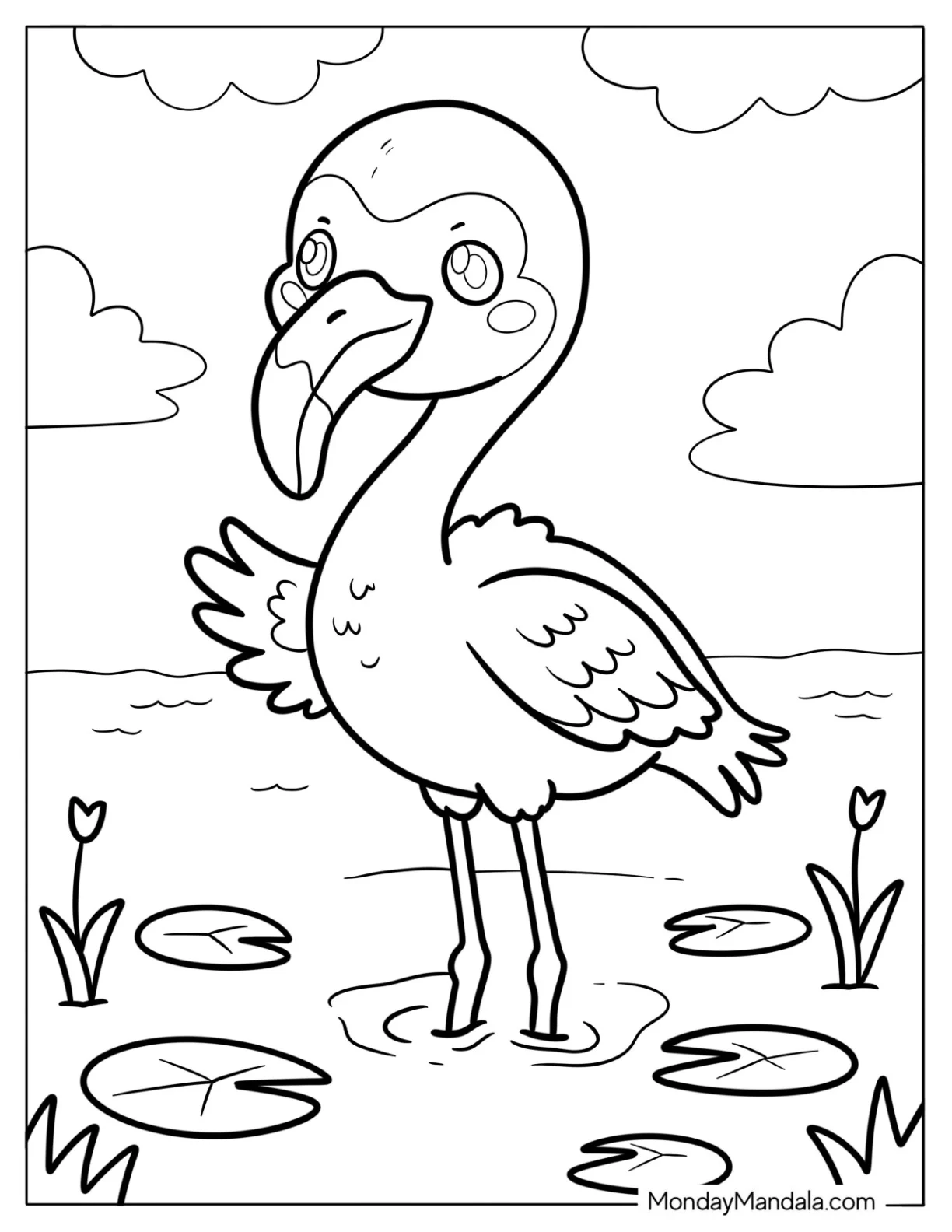 Adorable Chibi Flamingo Standing in Water Coloring Page For Kids coloring page — printable line art