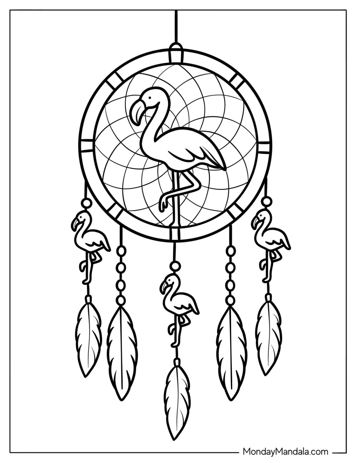 Boho Flamingo Dreamcatcher With Feathers Coloring Sheet coloring page
