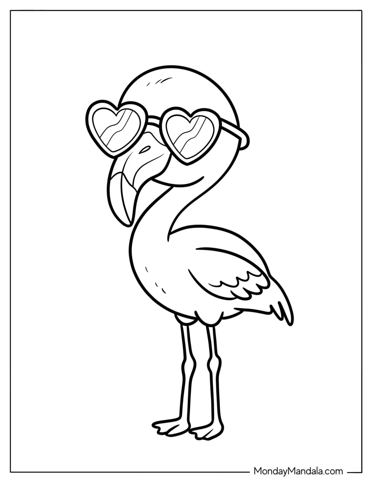 Cool Baby Flamingo Wearing Love Heart Sunglasses Coloring Sheet For Kids coloring page — printable line art