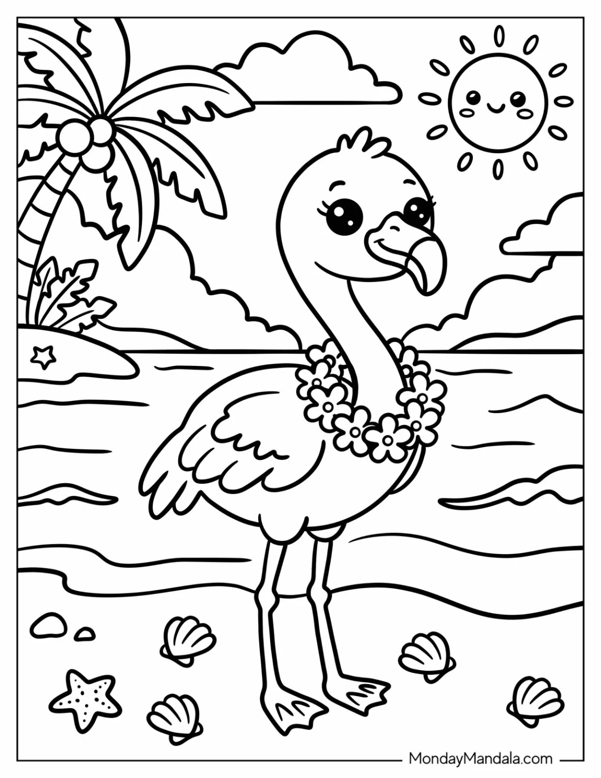 Cute Baby Flamingo with Flower Necklace at the Beach Coloring Page coloring page