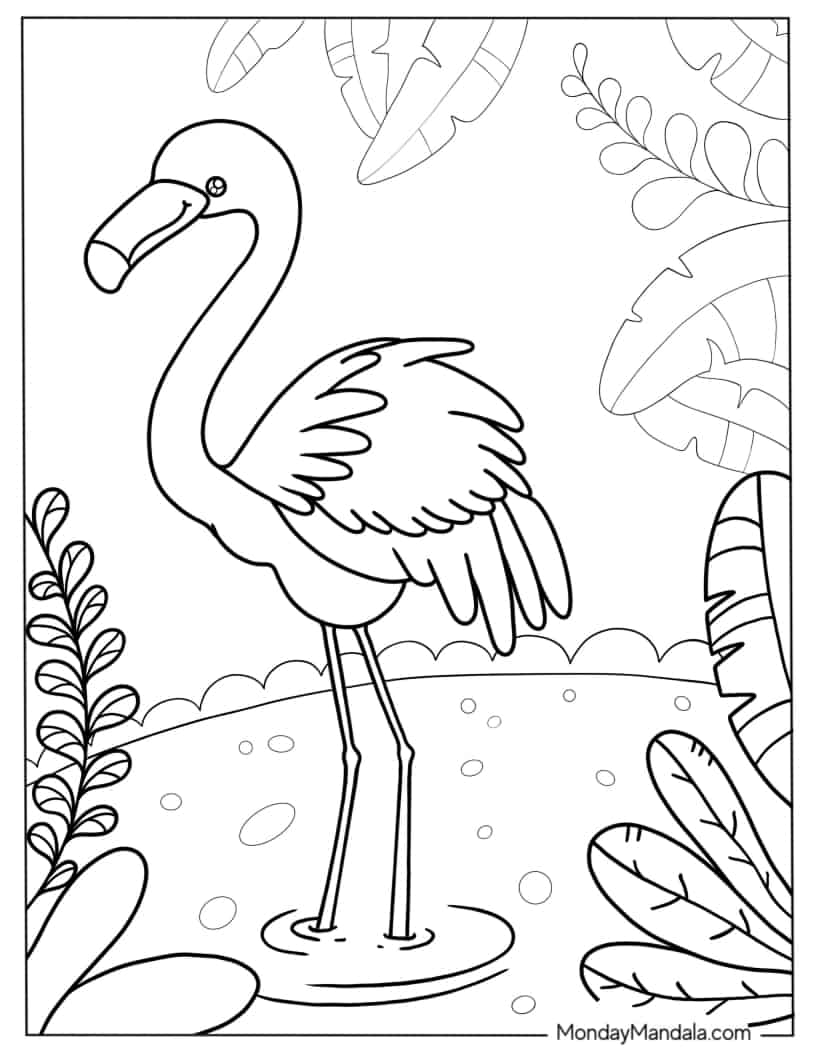 Cute Cartoon Flamingo To Color For Preschoolers coloring page — printable line art