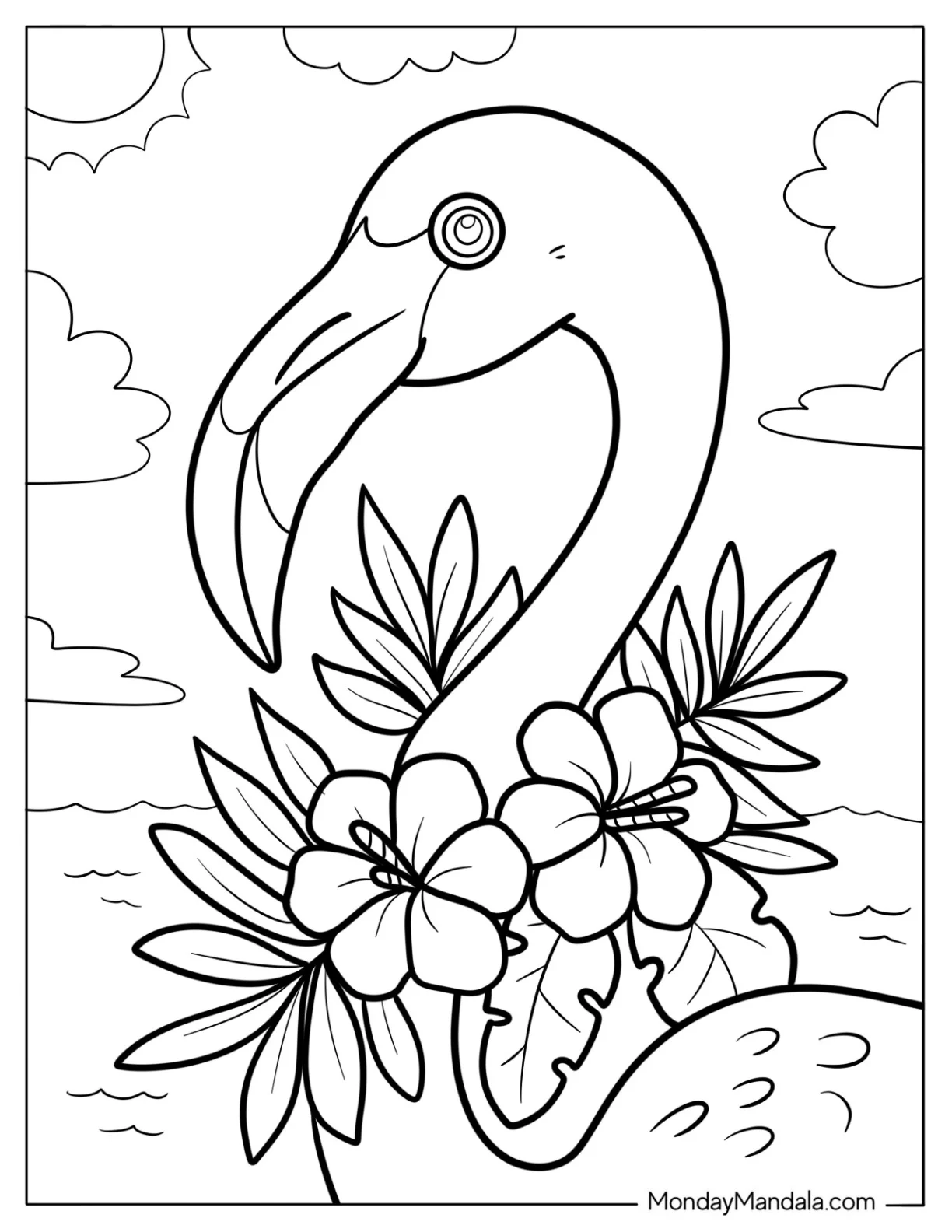 Elegant Flamingo With Hibiscus Flowers in a Hawaiian Paradise coloring page — printable line art