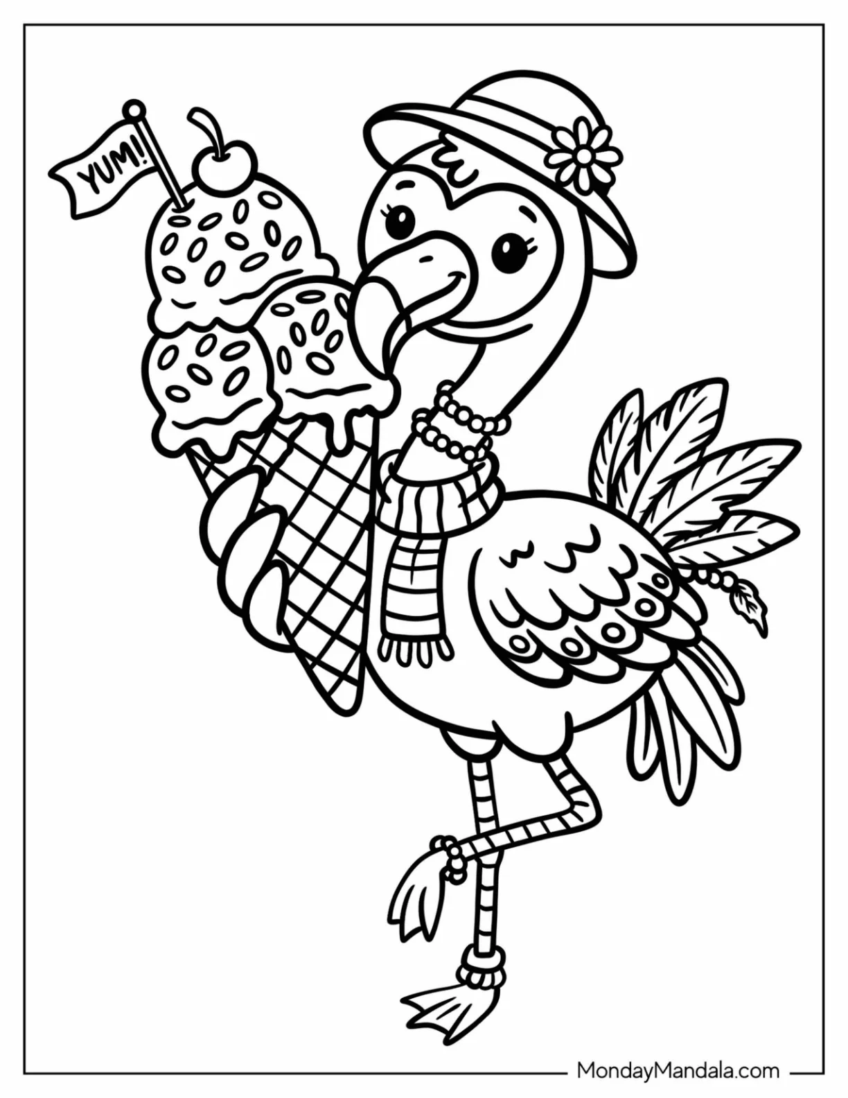 Fashionista Flamingo with Huge Ice Cream Cone Coloring Sheet for Kids coloring page — printable line art