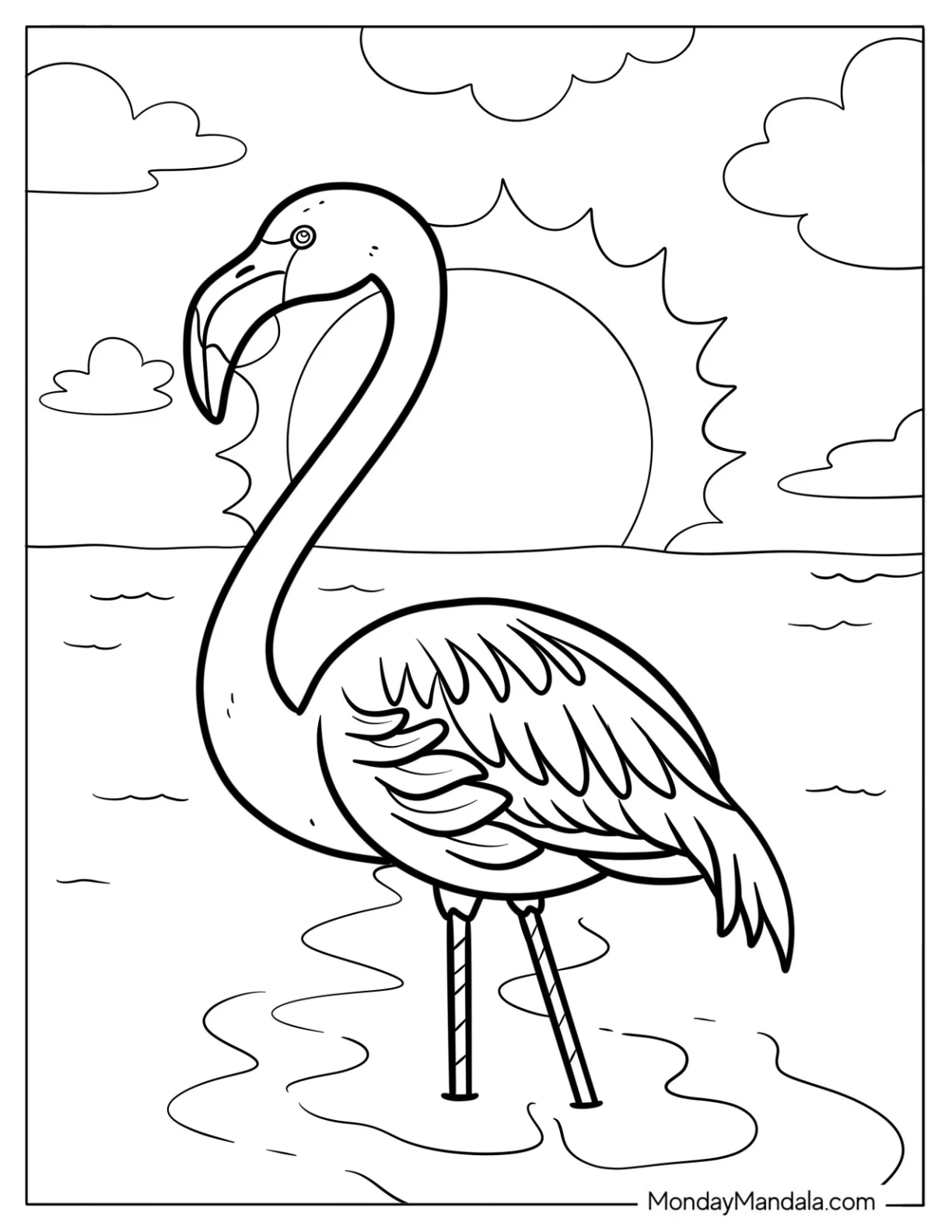 Flamingo at Sunset by the Shore coloring page — printable line art