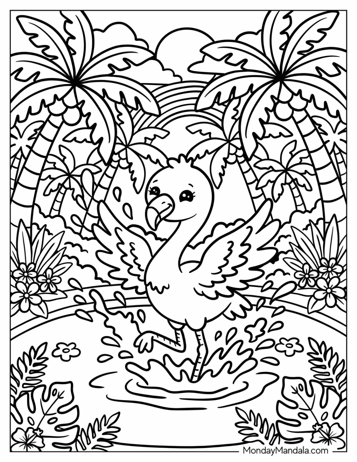 Flamingo Dancing in a Tropical Pond Beneath a Rainbow Coloring Page coloring page