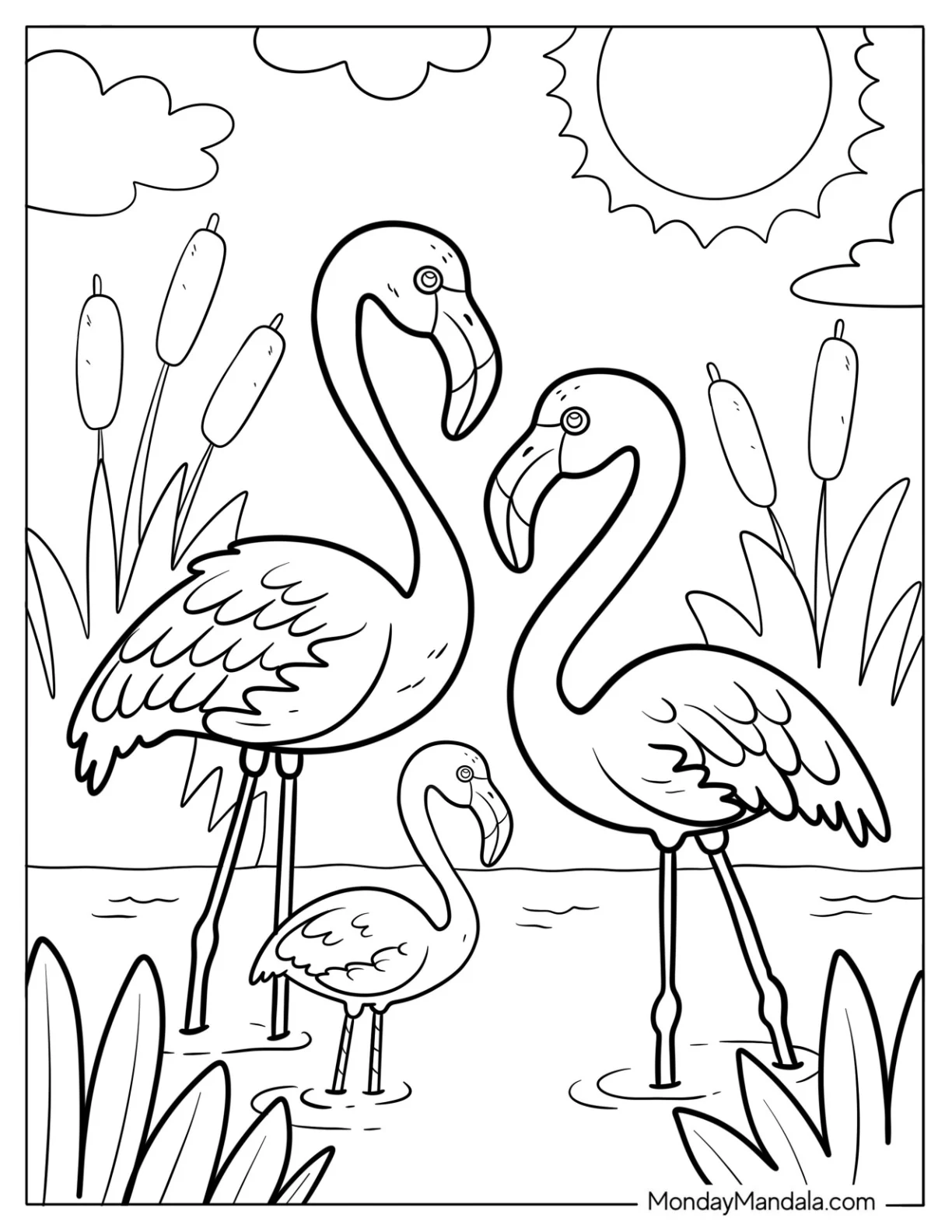 Flamingo Family at the Pond Coloring Sheet For Kids coloring page