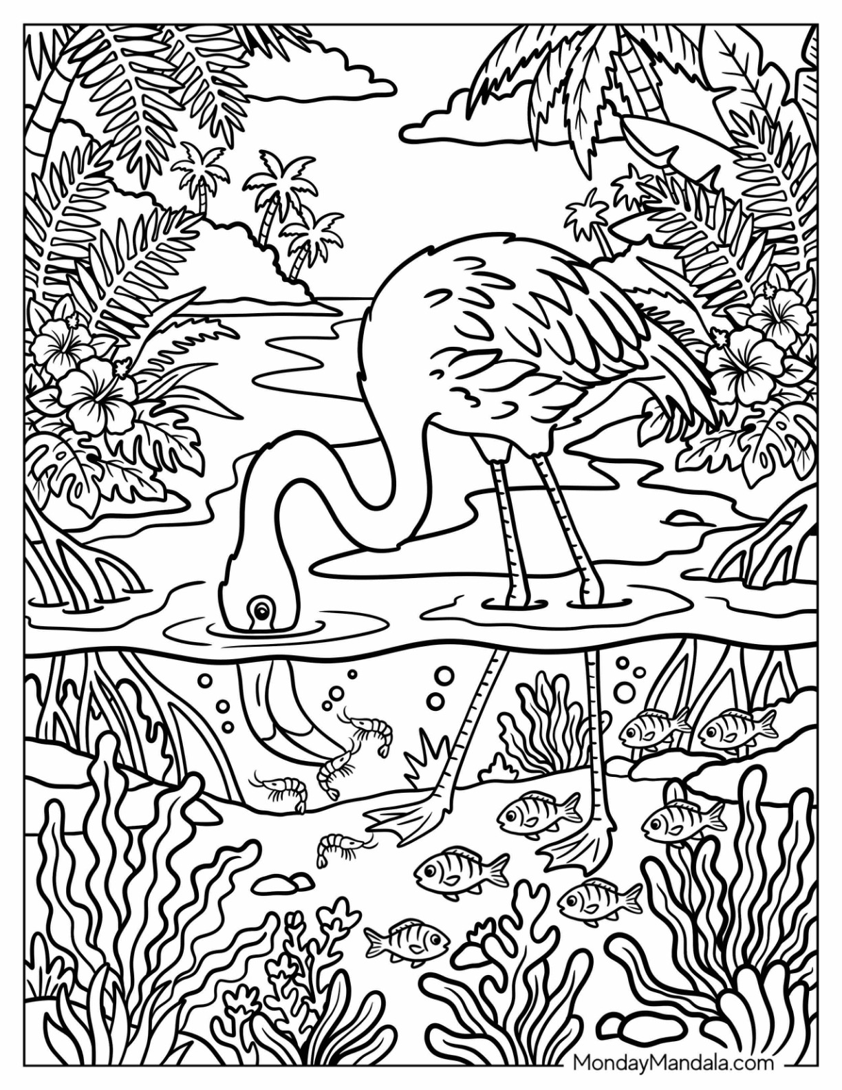 Flamingo Feeding in a Tropical Lagoon Filled with Fish coloring page — printable line art