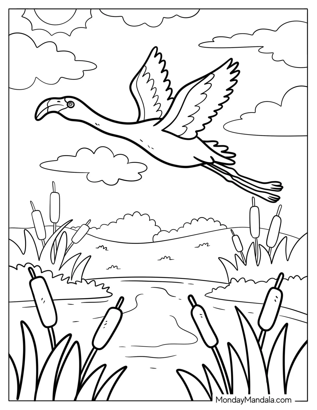 Flamingo Flying Above the Water coloring page — printable line art