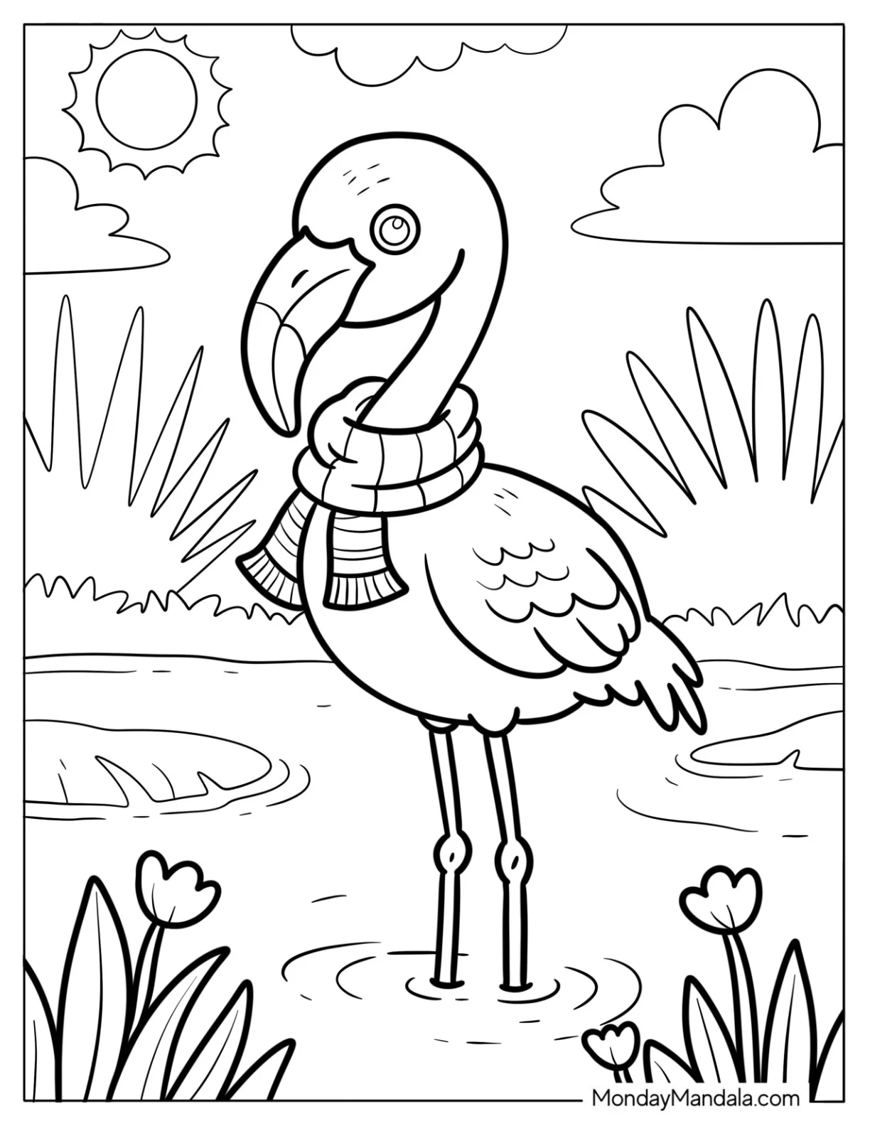 Flamingo in a Cozy Scarf by the Pond Coloring Sheet For Kids coloring page
