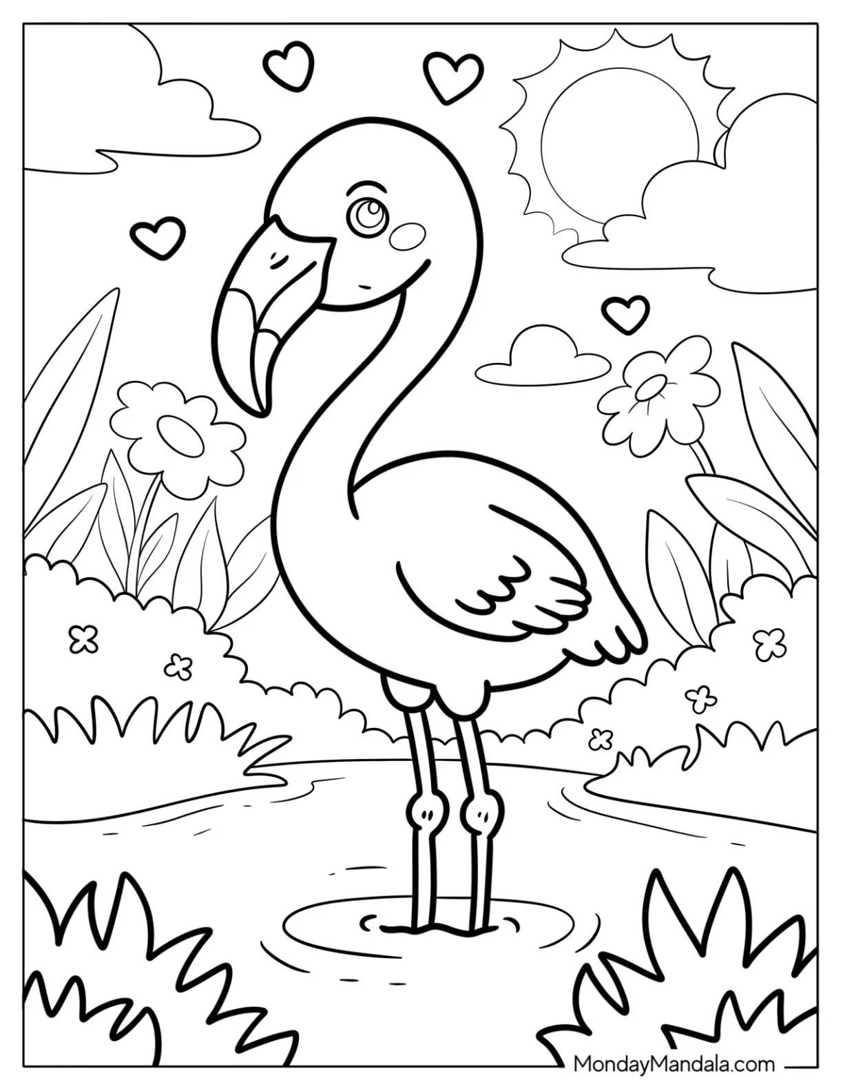 Flamingo in a Garden Pond With Love Hearts Coloring Page For Kids coloring page