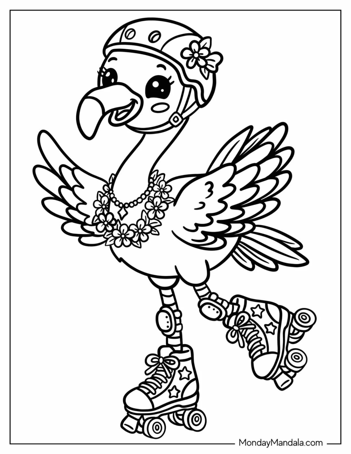Flamingo Roller Skating in a Helmet and Flower Lei Coloring Page coloring page — printable line art