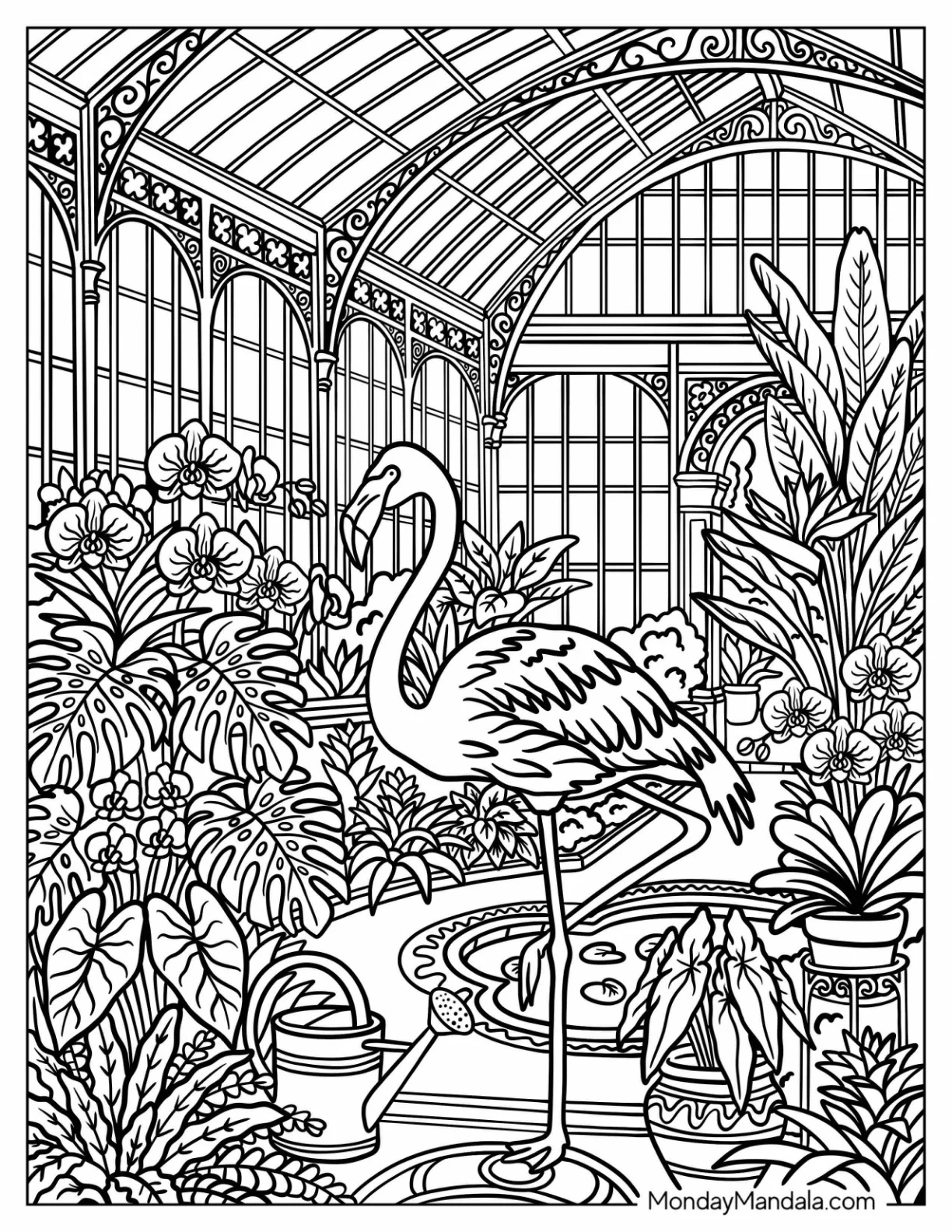 Flamingo Standing Beside a Pond in a Tropical Greenhouse Coloring Page coloring page