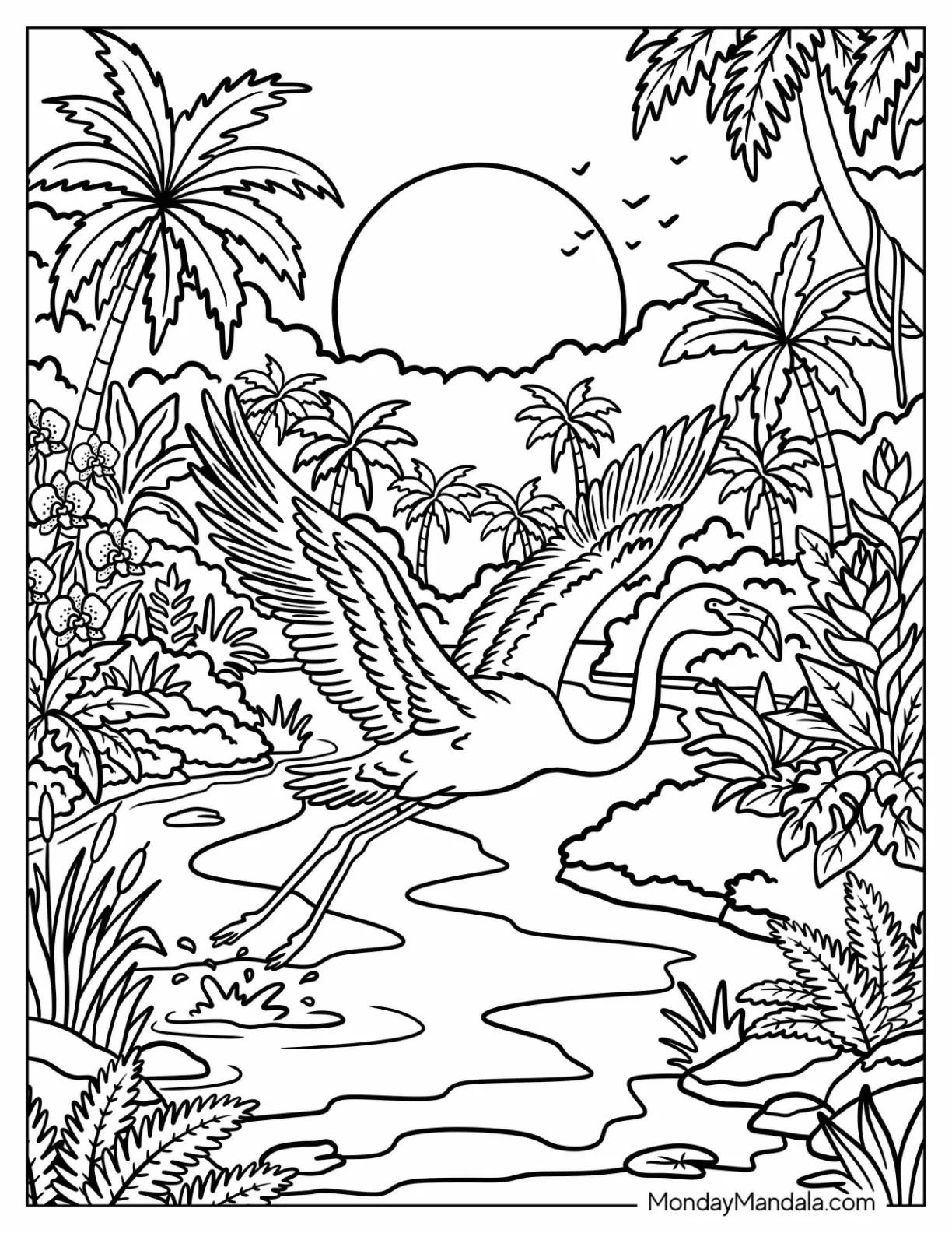 Flamingo Taking Flight Over a Tropical River at Sunset Coloring Page coloring page — printable line art