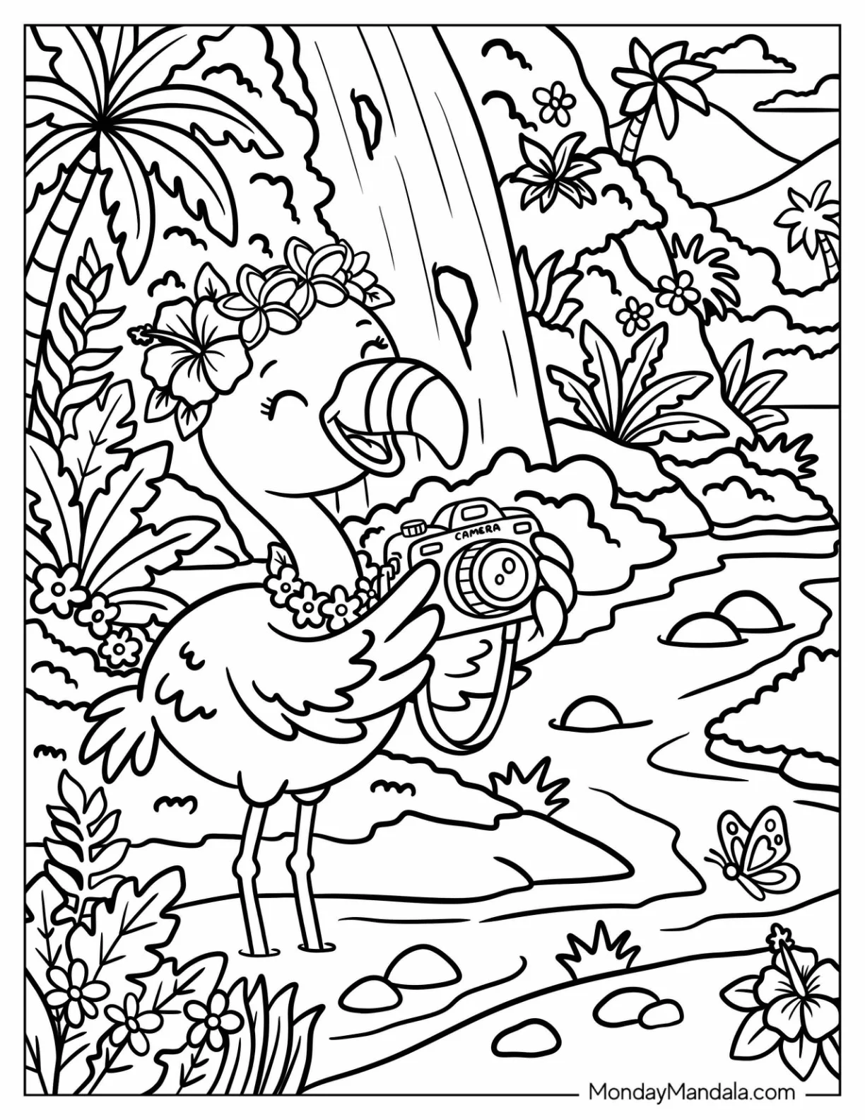 Flamingo Taking Photos Beside a Tropical River Coloring Sheet for Kids coloring page — printable line art