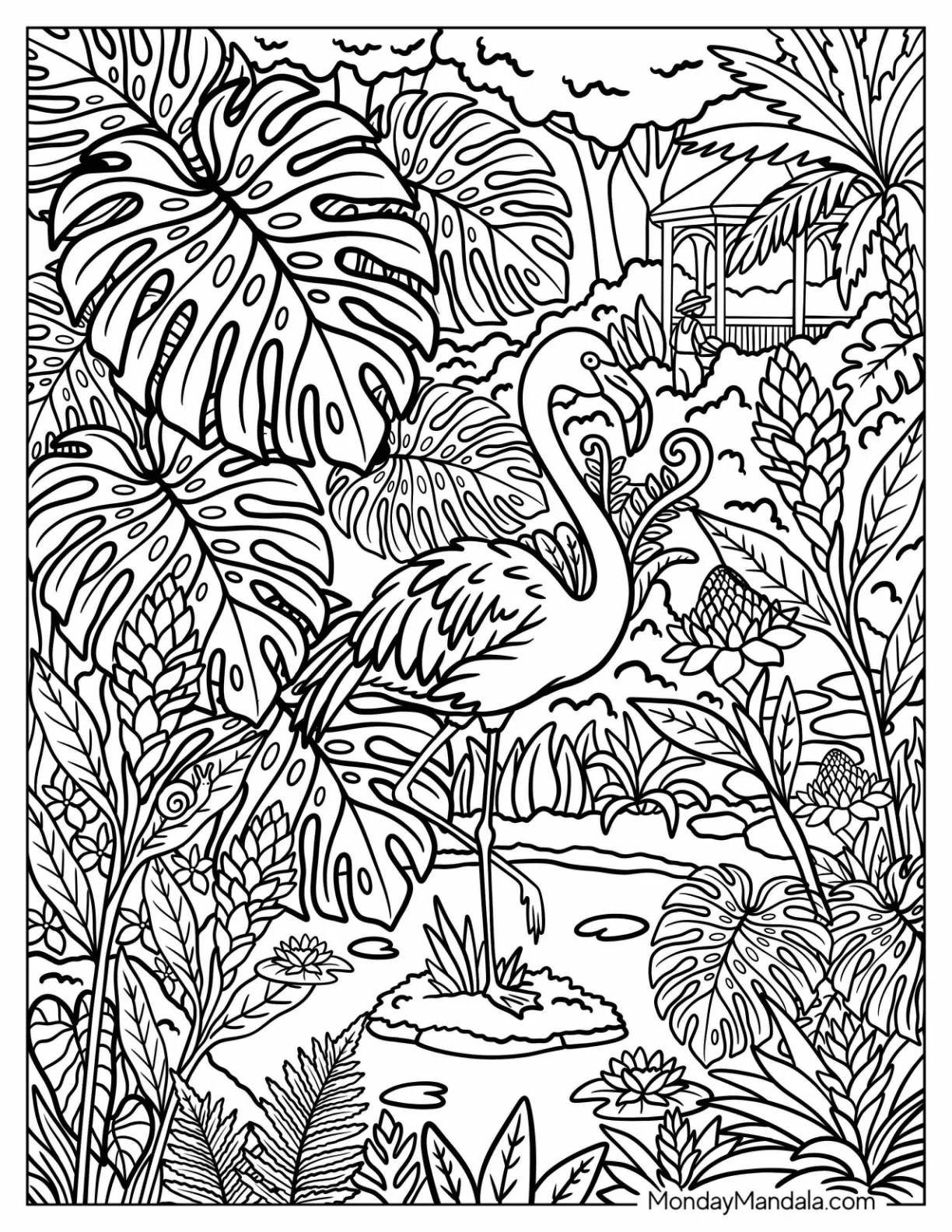 Flamingo Wading Through a Lush Tropical Garden Pond Coloring Sheet coloring page — printable line art