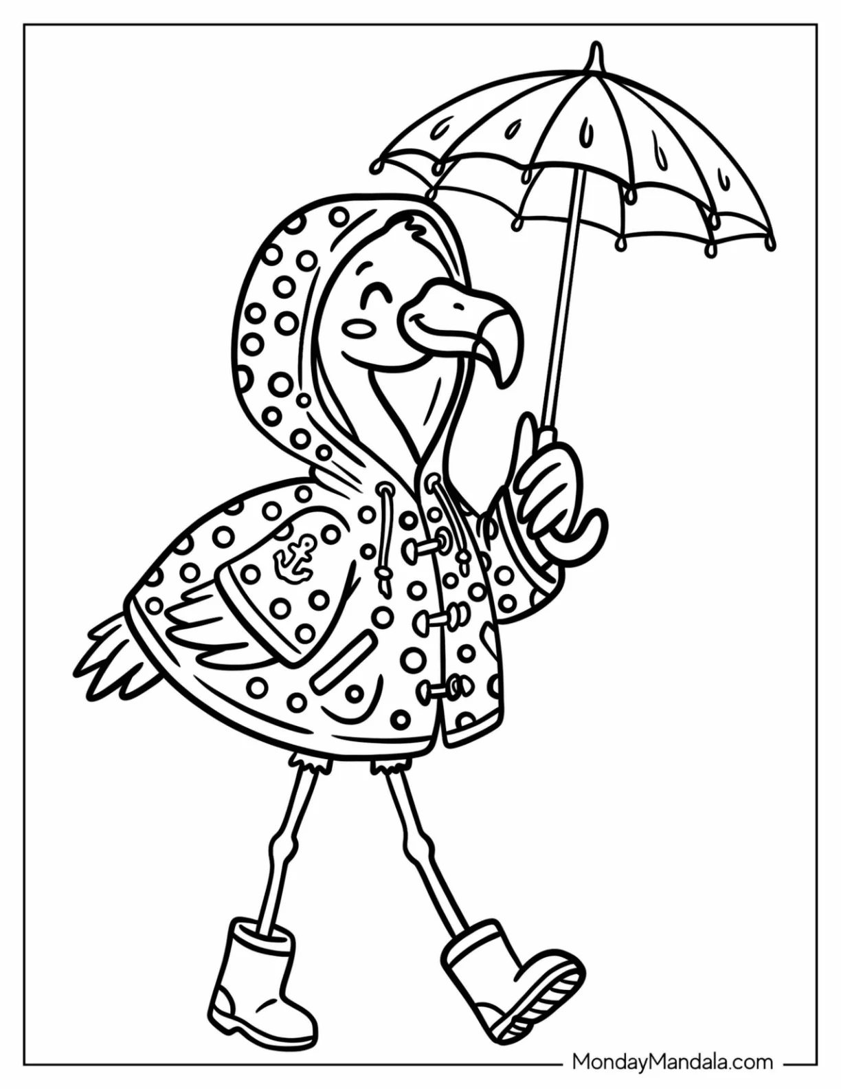 Flamingo Wearing a Polka Dot Raincoat and Holding an Umbrella coloring page — printable line art
