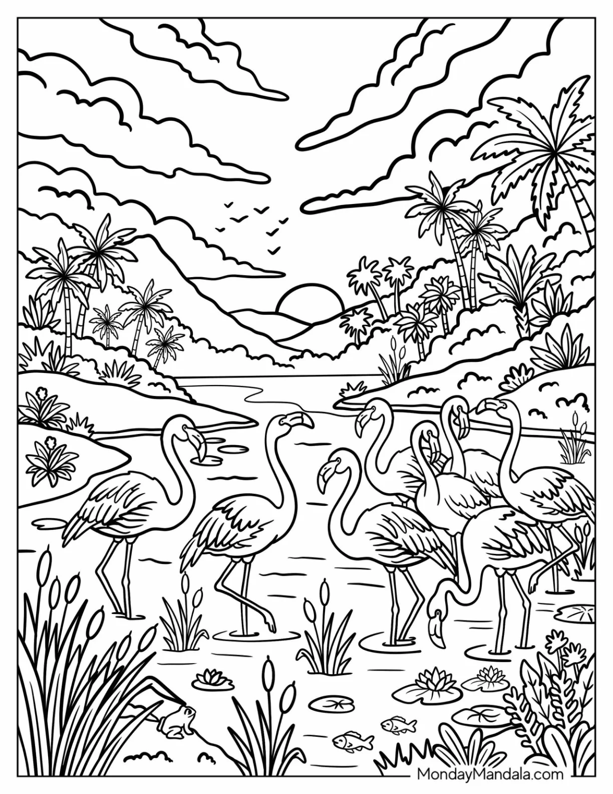 Flock of Flamingos Wading in a Tropical Lagoon at Sunset coloring page — printable line art