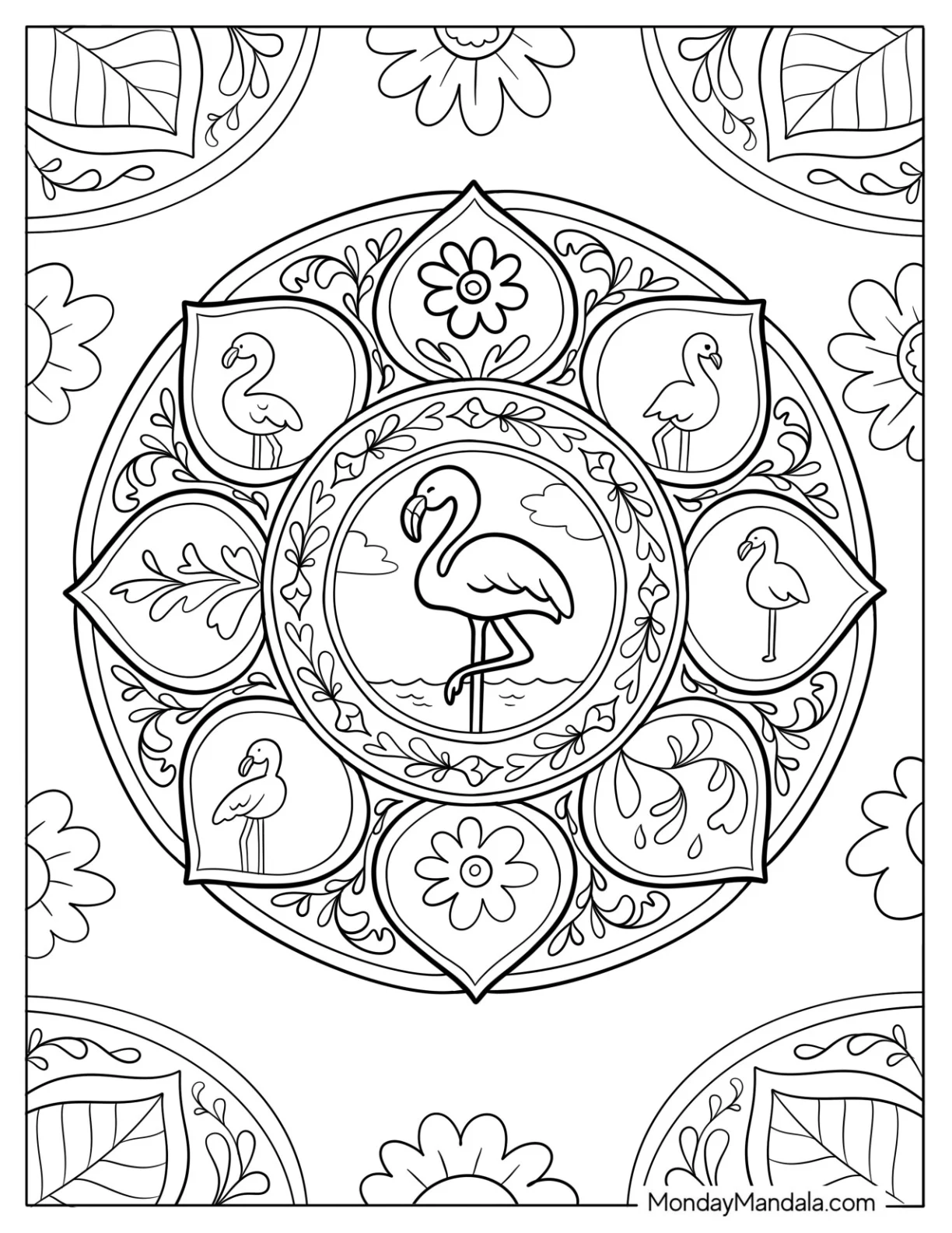 Floral Flamingo Mandala Coloring Page For Adults coloring page — printable line art