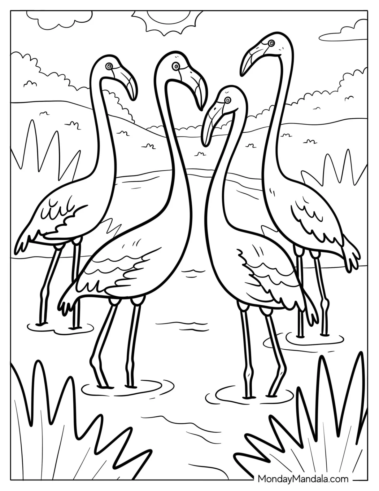 Four Flamingos Wading in the Water Coloring Sheet coloring page — printable line art
