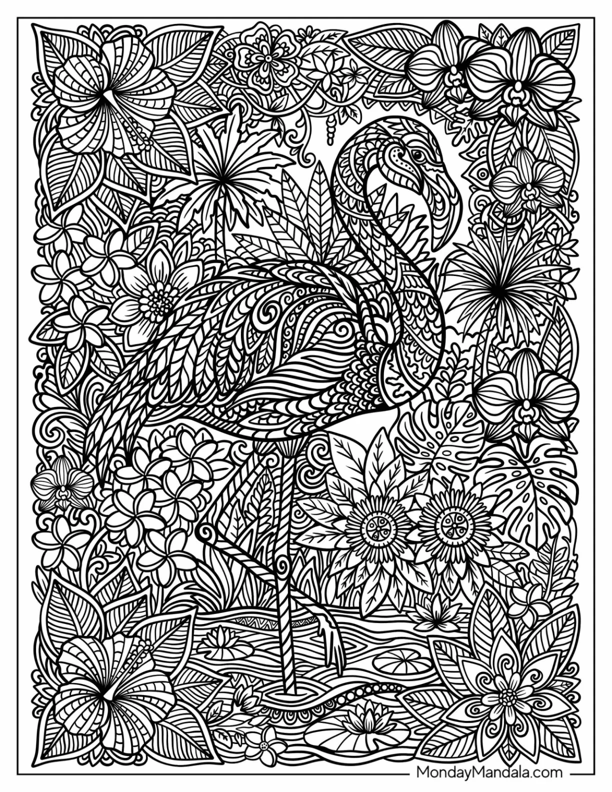 Intricately Patterned Flamingo Surrounded by Tropical Flowers coloring page