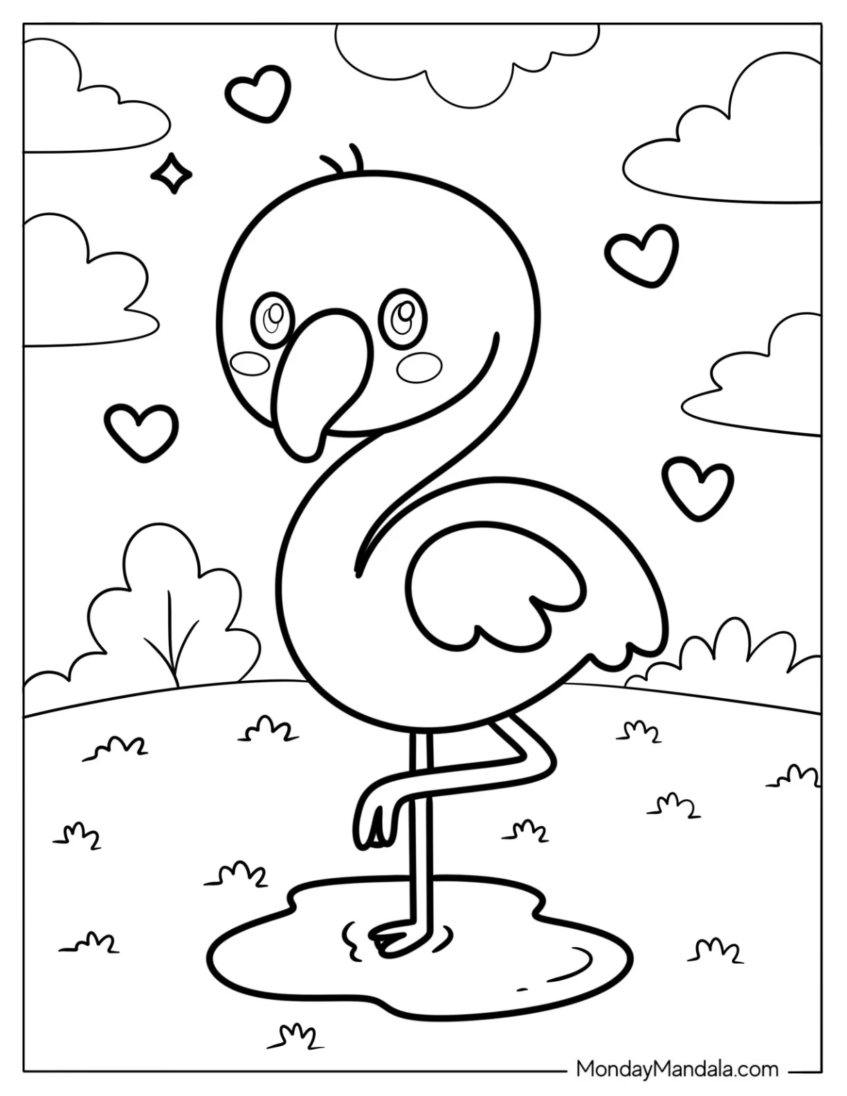 Kawaii Flamingo Standing on One Leg In Nature Coloring Sheet For Preschoolers coloring page