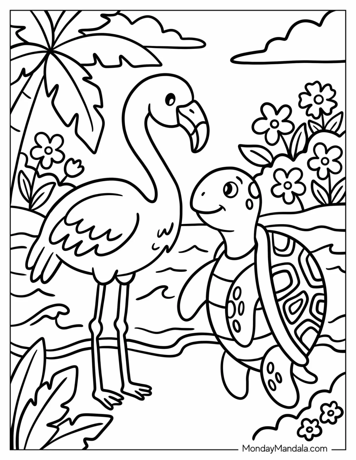 Kawaii Turtle Making Friends with a Flamingo Coloring Page for Kids coloring page — printable line art
