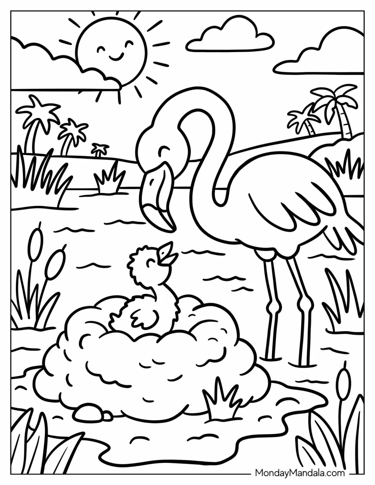 Mother Flamingo Smiling Down at Her Chick coloring page — printable line art